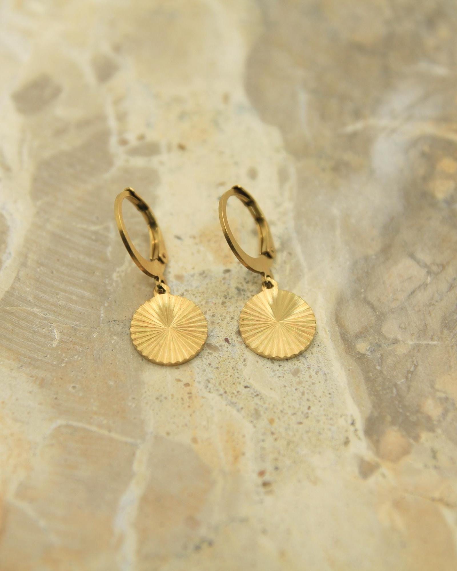 Sunburst Disc Earrings Gold • Starburst Coin Lever Back • Waterproof Stainless Steel • Hypoallergenic Hooks