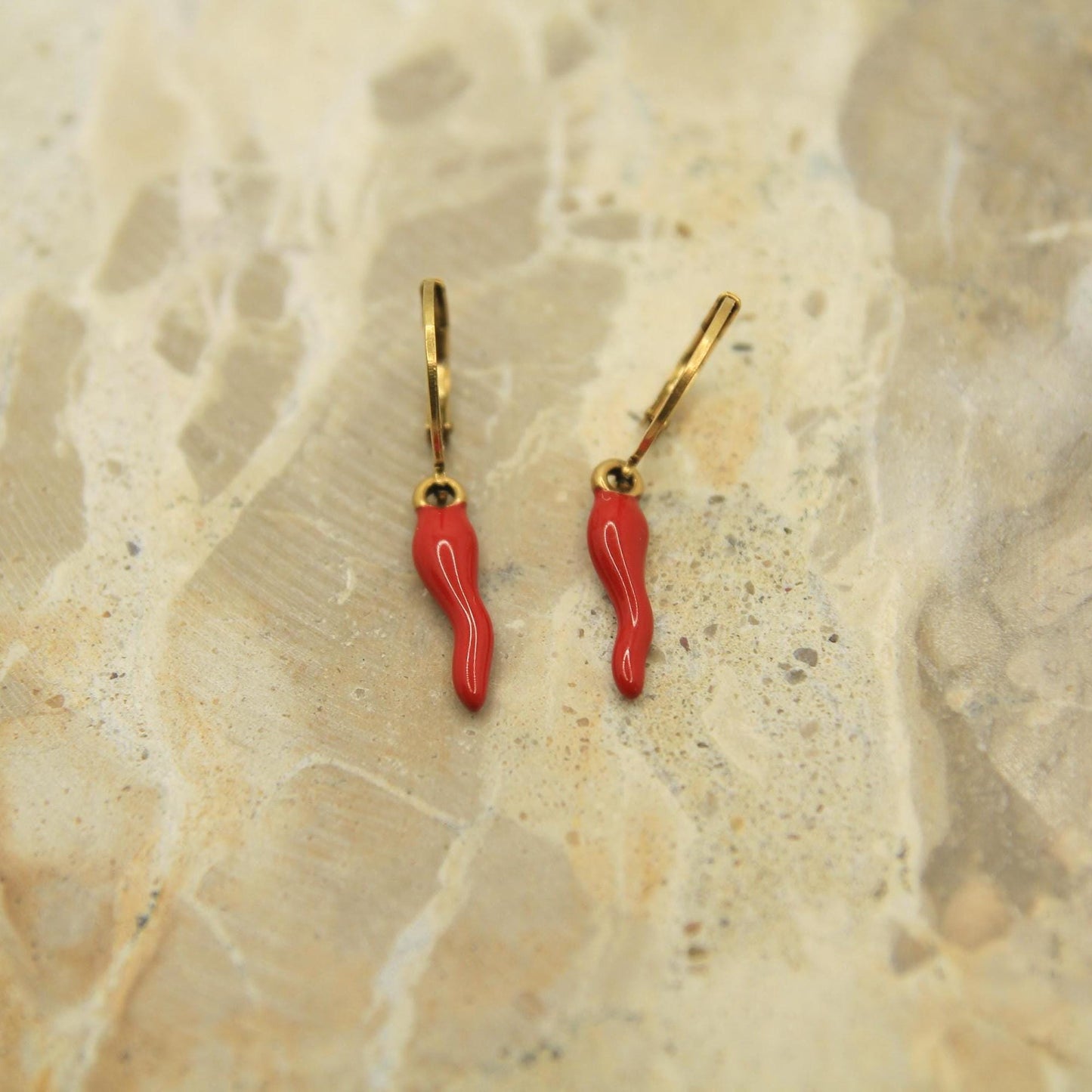 Cornicello Earrings Gold • Red Enamel Italian Horn • Lever Back Hoops • Waterproof Stainless Steel • Lucky Charm Earrings