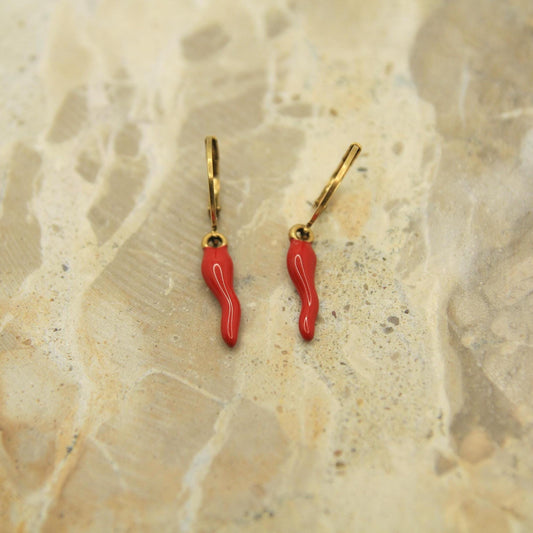 Cornicello Earrings Gold • Red Enamel Italian Horn • Lever Back Hoops • Waterproof Stainless Steel • Lucky Charm Earrings