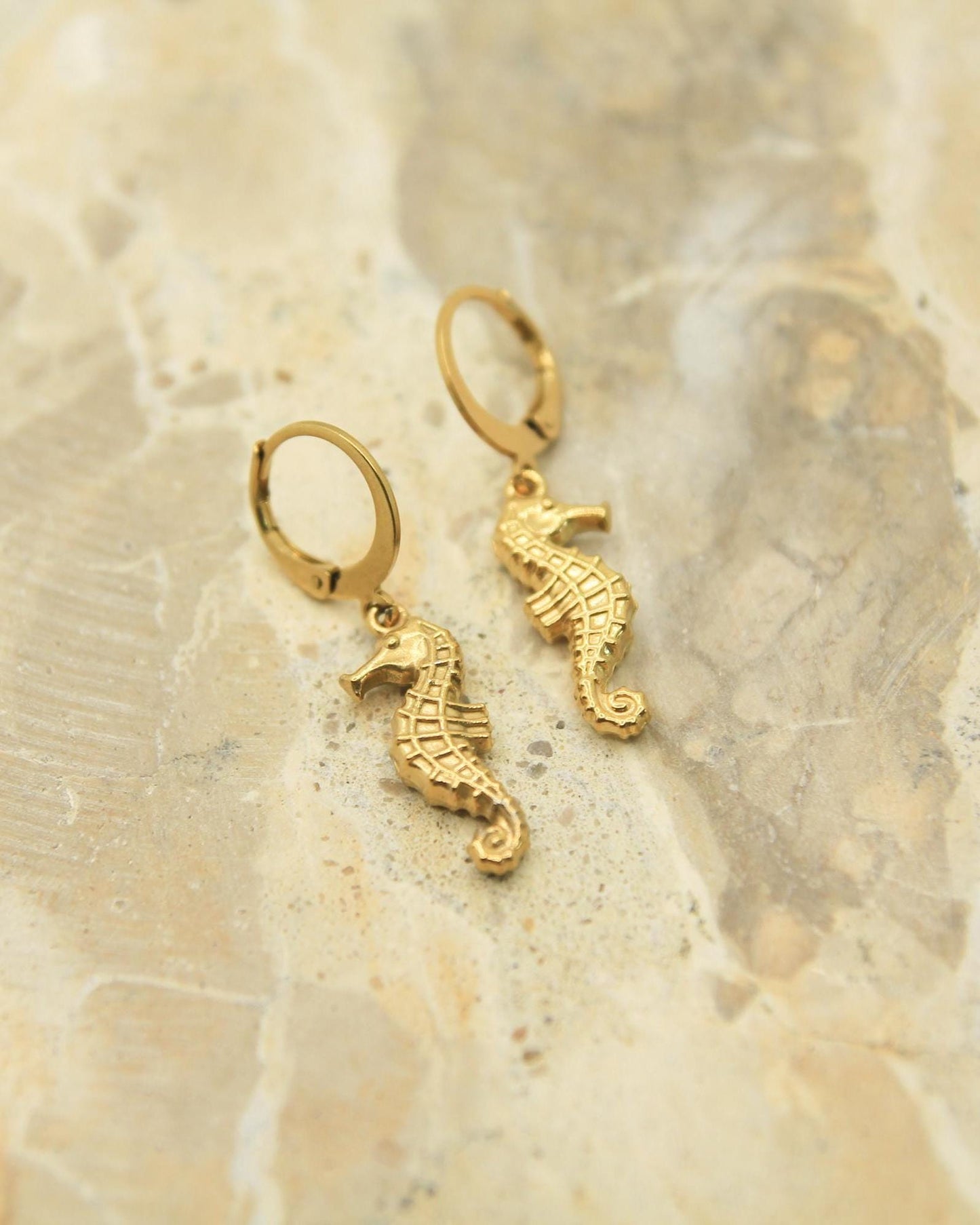 Seahorse Earrings Gold • Ocean Lever Back Hoops • Waterproof Stainless Steel • Hypoallergenic Hooks • Coastal Charm Earrings