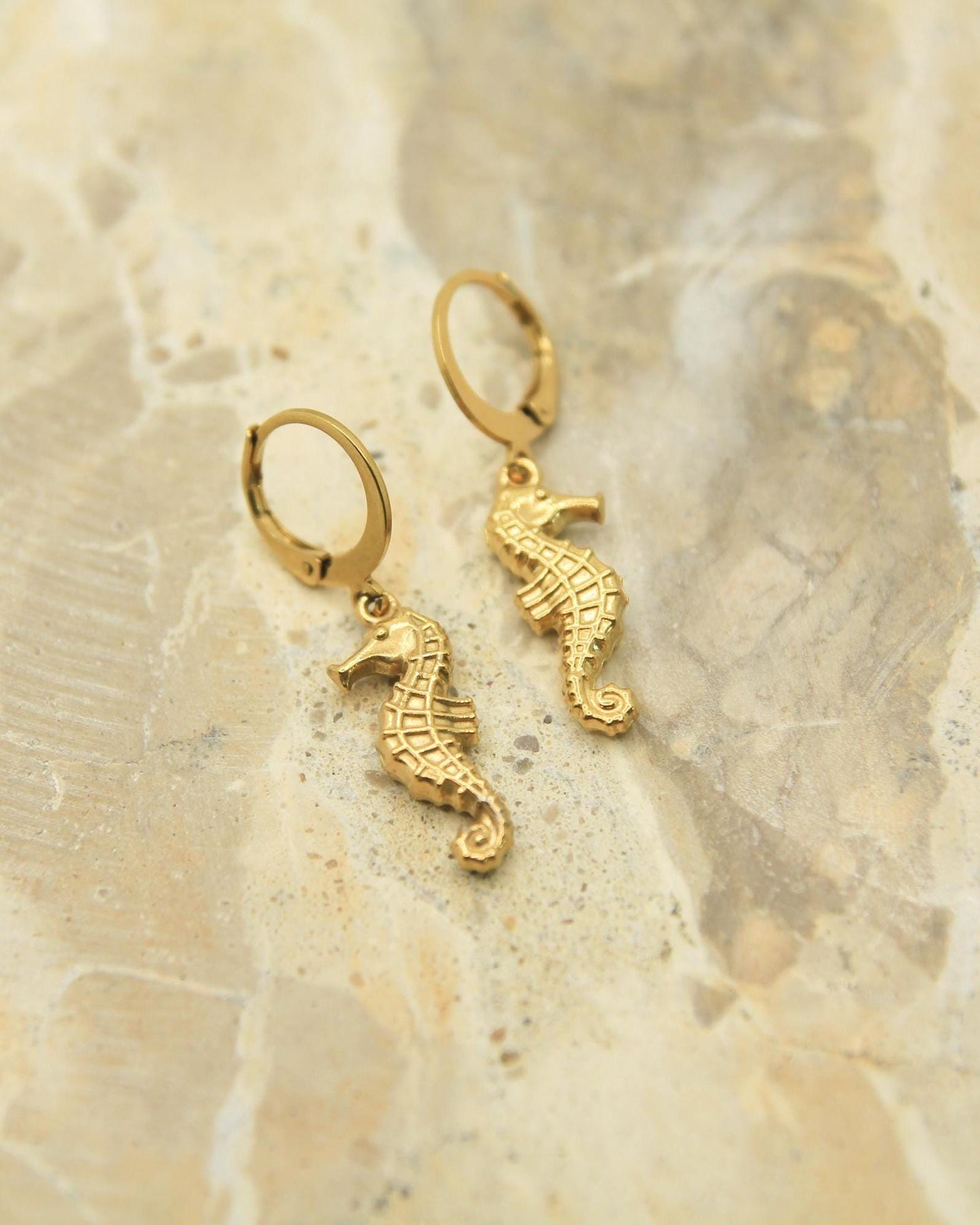 Seahorse Earrings Gold • Ocean Lever Back Hoops • Waterproof Stainless Steel • Hypoallergenic Hooks • Coastal Charm Earrings