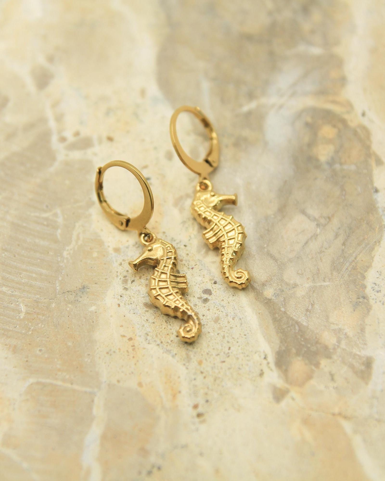 Seahorse Earrings Gold • Ocean Lever Back Hoops • Waterproof Stainless Steel • Hypoallergenic Hooks • Coastal Charm Earrings