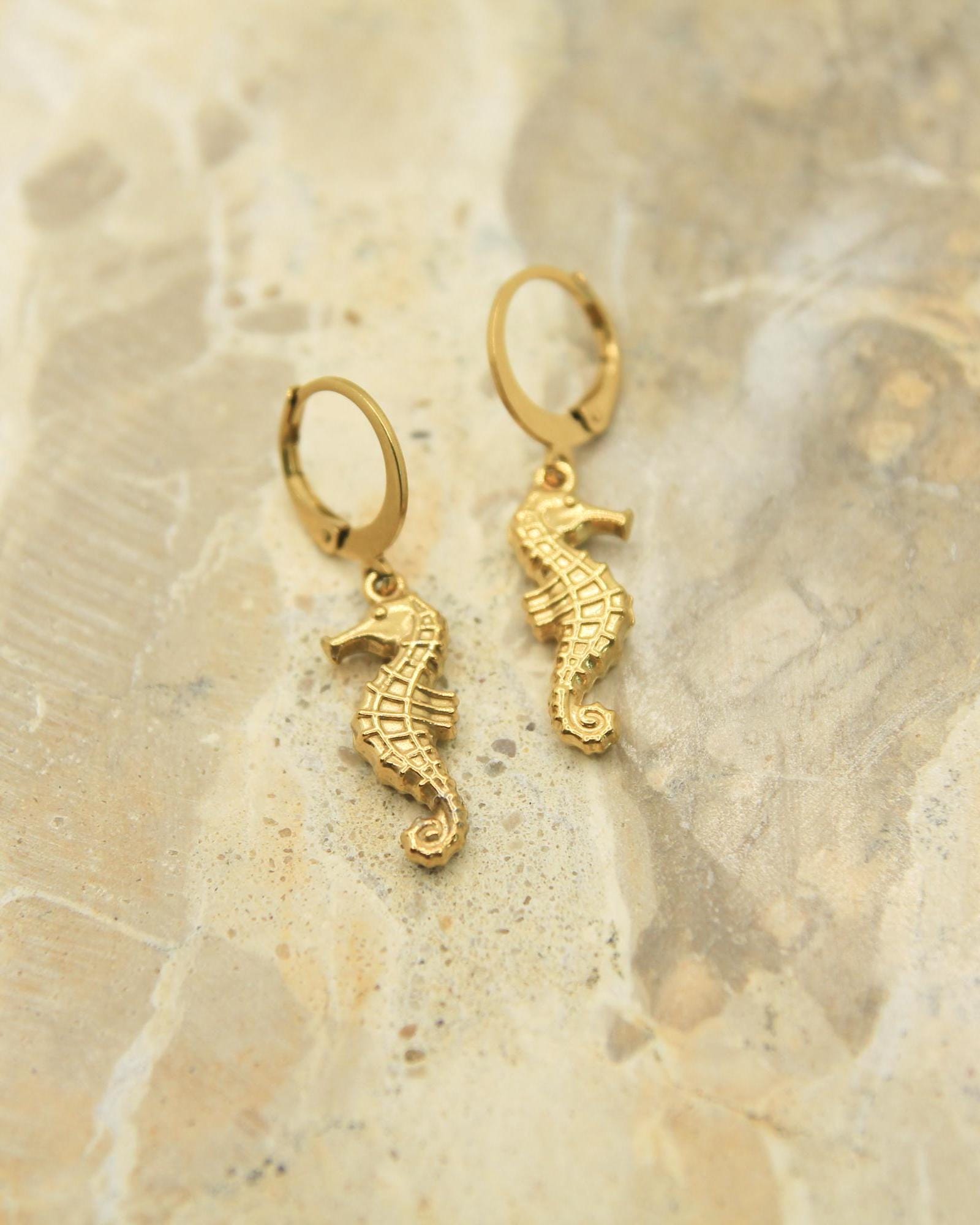 Seahorse Earrings Gold • Ocean Lever Back Hoops • Waterproof Stainless Steel • Hypoallergenic Hooks • Coastal Charm Earrings