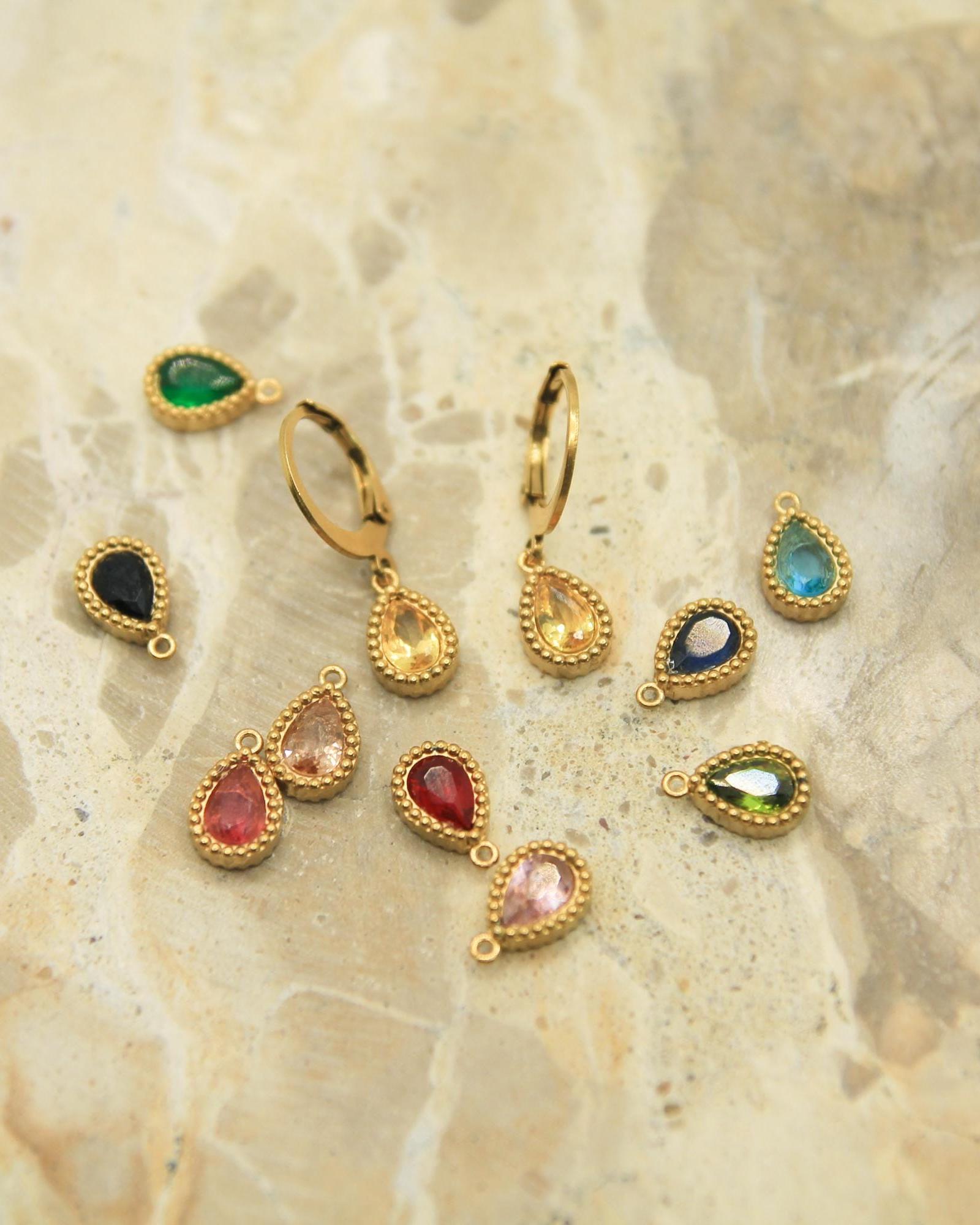 Crystal Teardrop Earrings Gold • CZ Birthstone Lever Back • Waterproof Stainless Steel • Hypoallergenic Hooks • Choose Your Colour