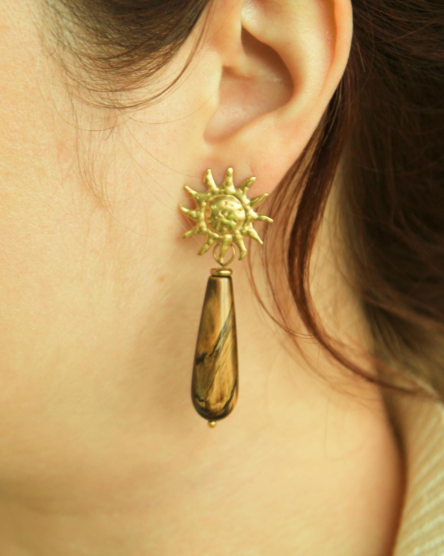 Sun Gemstone Drop Earrings • Gold Statement Studs • Waterproof Stainless Steel • Choose Your Stone • Celestial Earrings