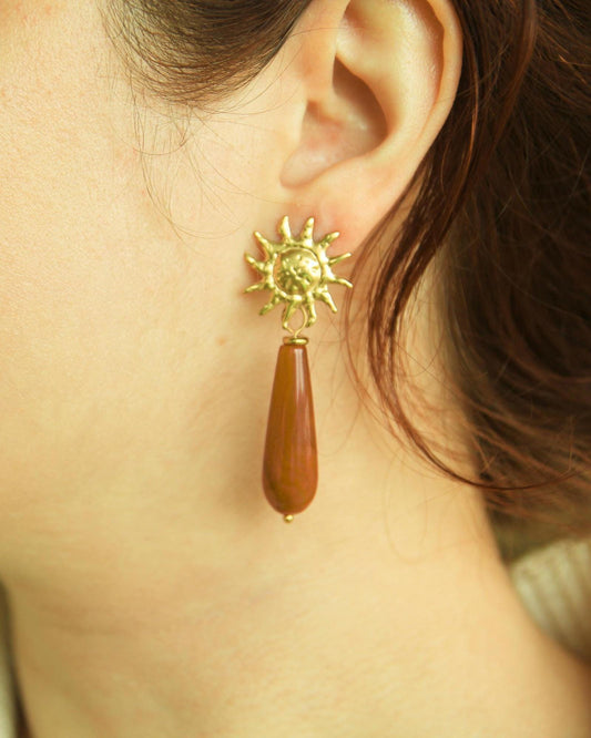 Sun Gemstone Drop Earrings • Gold Statement Studs • Waterproof Stainless Steel • Choose Your Stone • Celestial Earrings