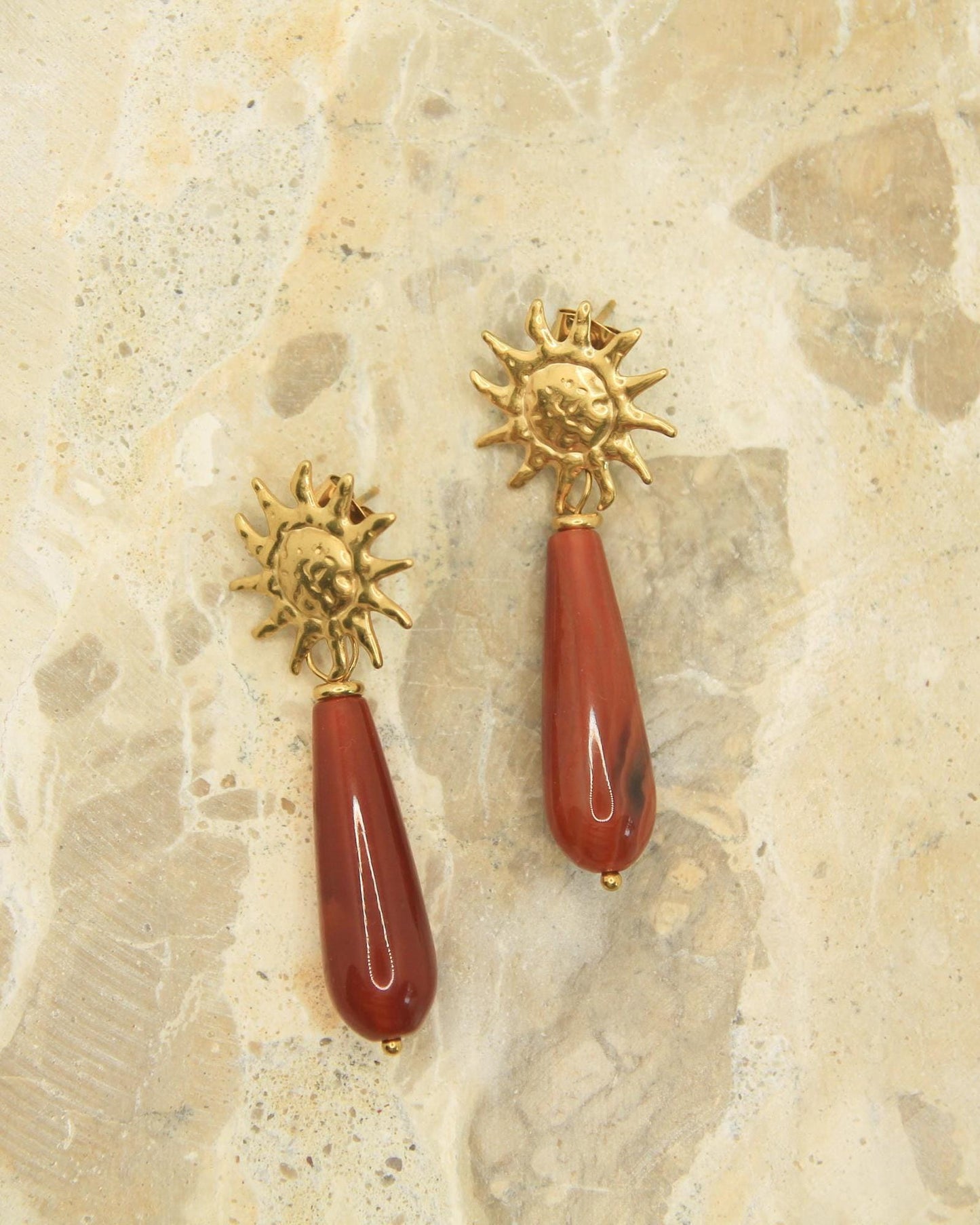 Sun Gemstone Drop Earrings • Gold Statement Studs • Waterproof Stainless Steel • Choose Your Stone • Celestial Earrings