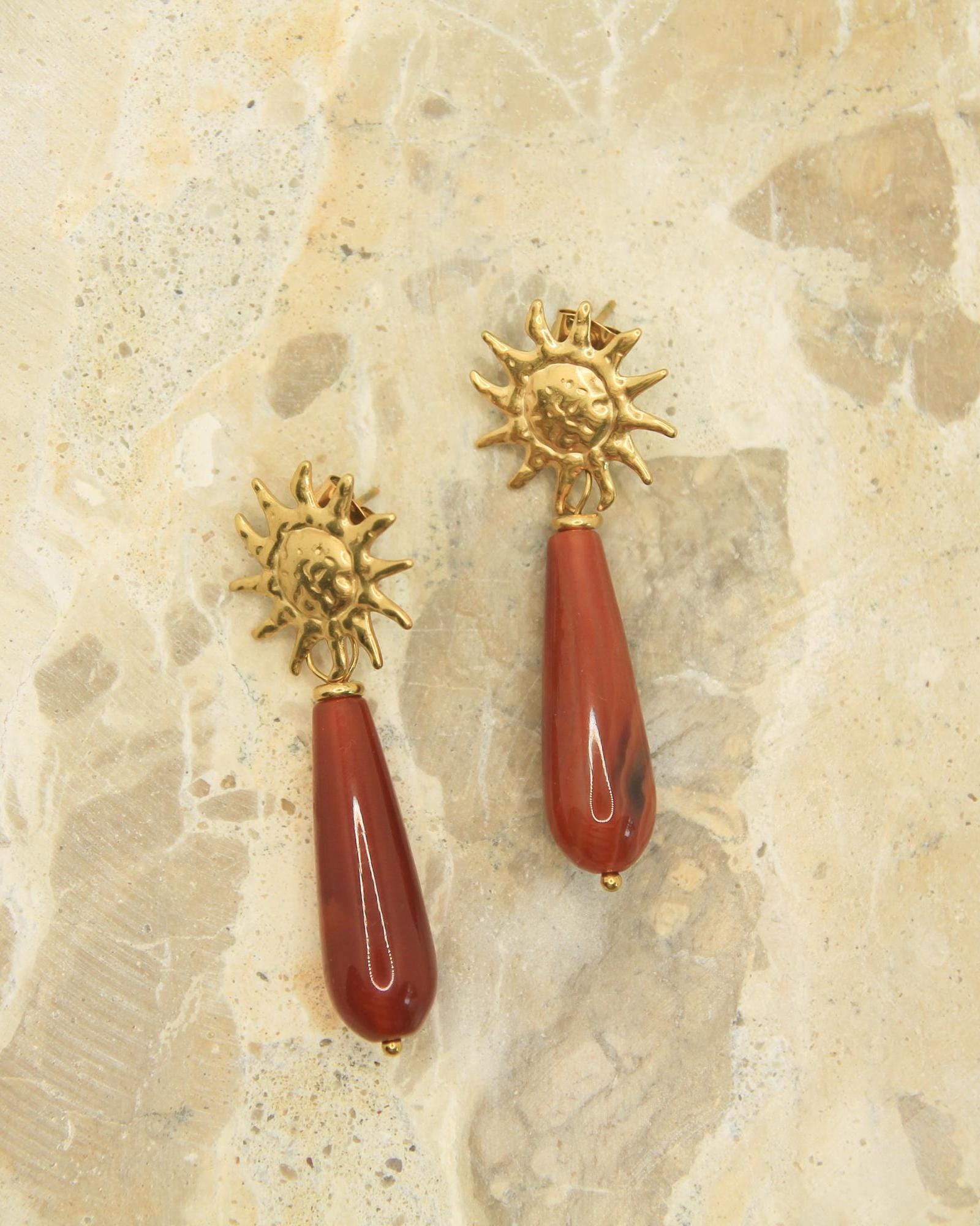 Sun Gemstone Drop Earrings • Gold Statement Studs • Waterproof Stainless Steel • Choose Your Stone • Celestial Earrings