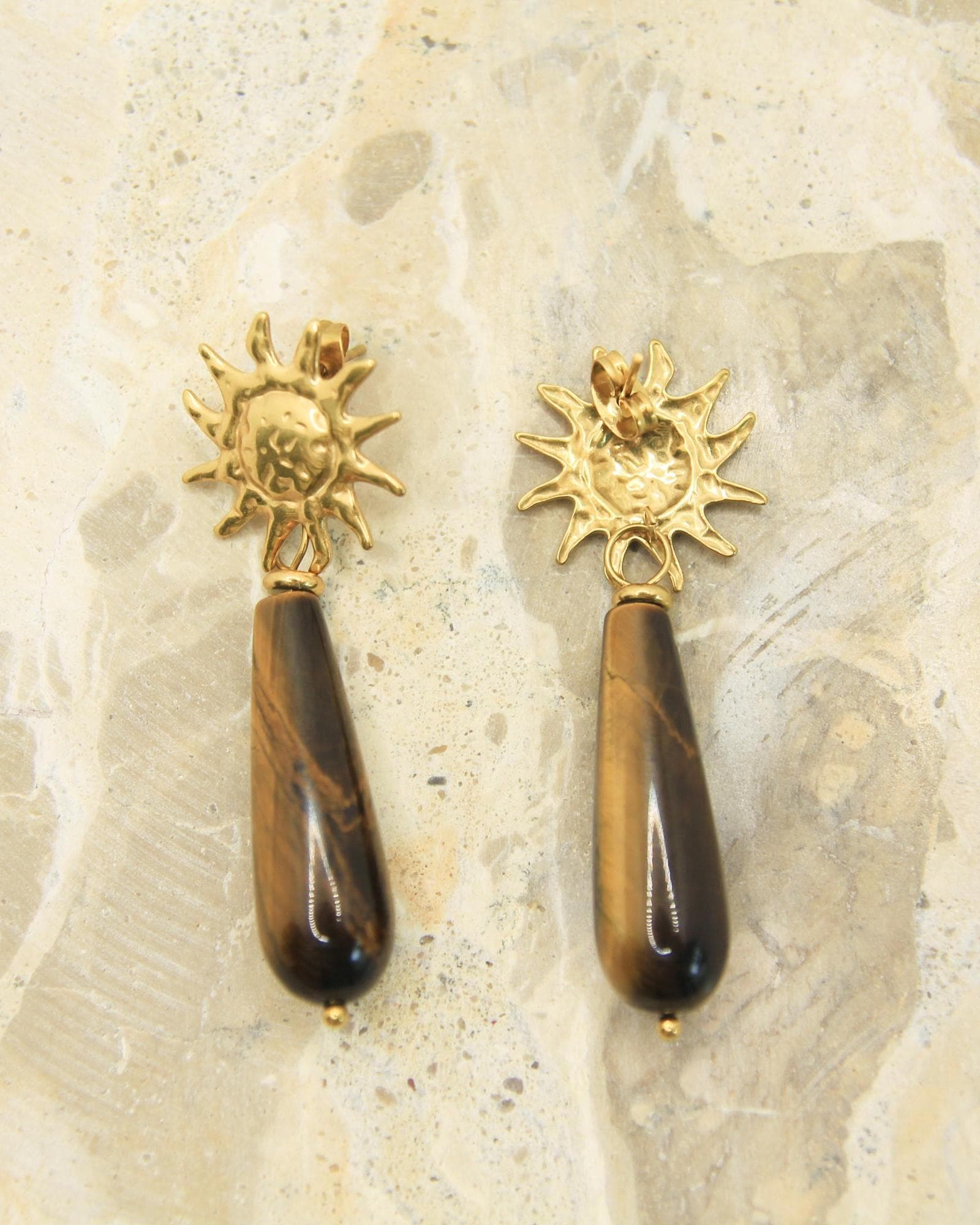 Sun Gemstone Drop Earrings • Gold Statement Studs • Waterproof Stainless Steel • Choose Your Stone • Celestial Earrings