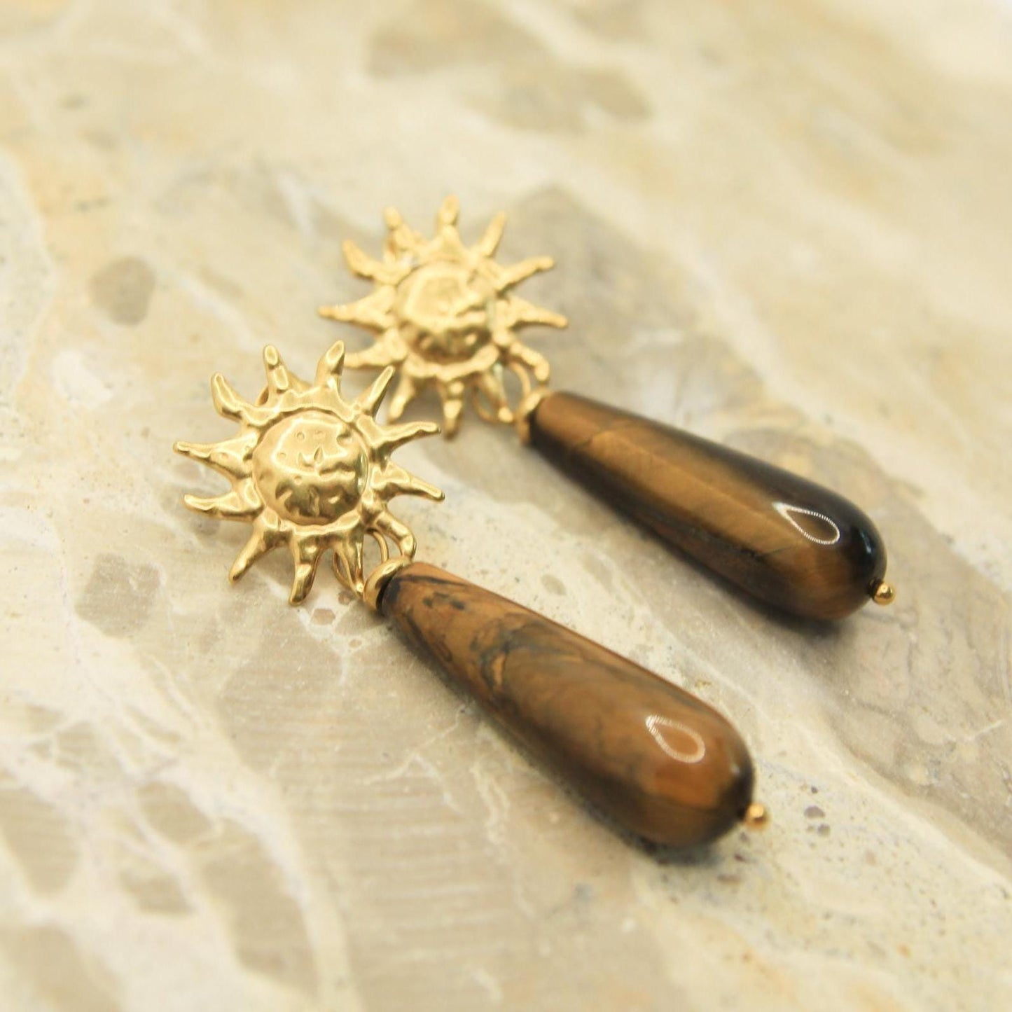 Sun Gemstone Drop Earrings • Gold Statement Studs • Waterproof Stainless Steel • Choose Your Stone • Celestial Earrings