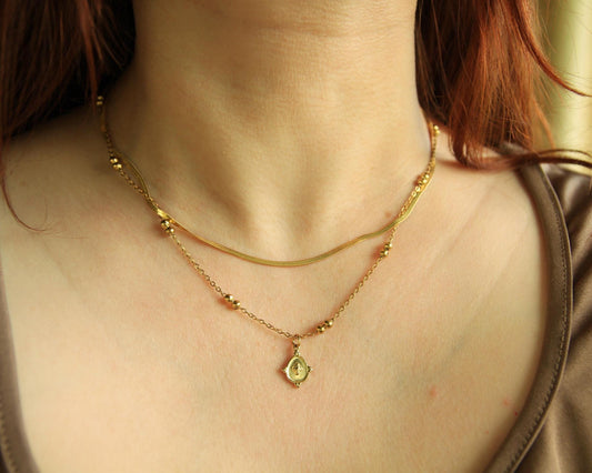 Layered Gold Necklace • Snake Chain & Satellite Chain • Vintage Medallion Pendant • Waterproof Stainless Steel