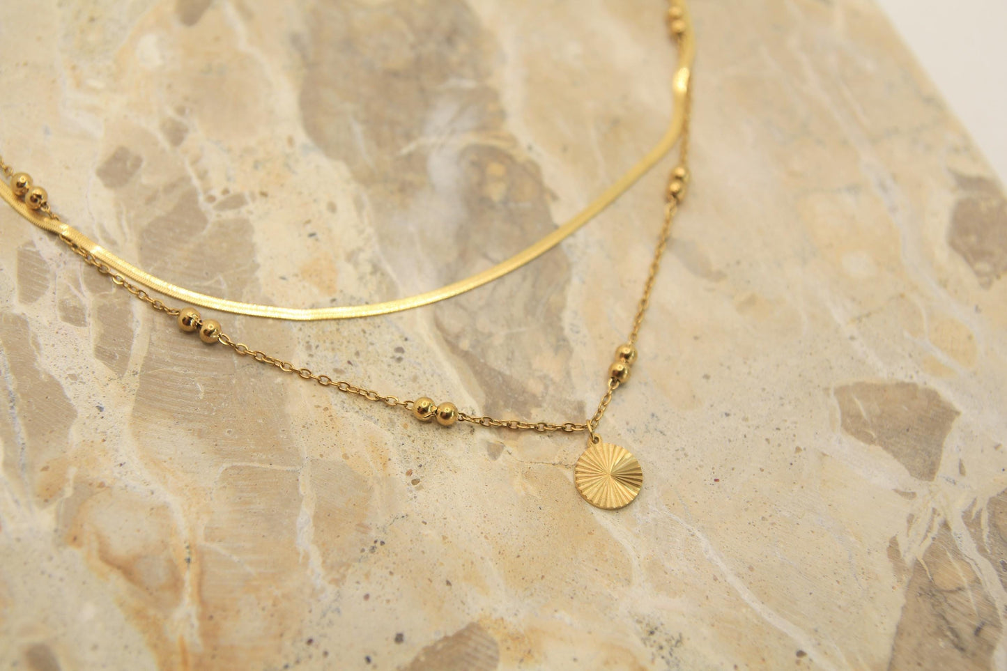 Layered Gold Necklace • Snake Chain, Satellite Chain, Sunburst Pendant • Waterproof Stainless Steel