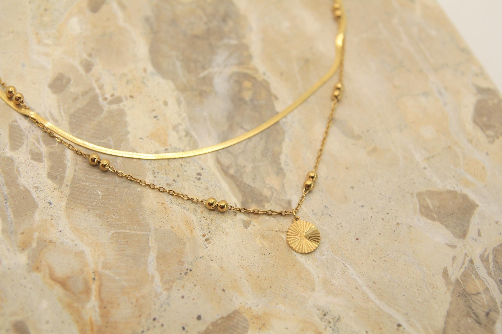 Layered Gold Necklace • Snake Chain, Satellite Chain, Sunburst Pendant • Waterproof Stainless Steel