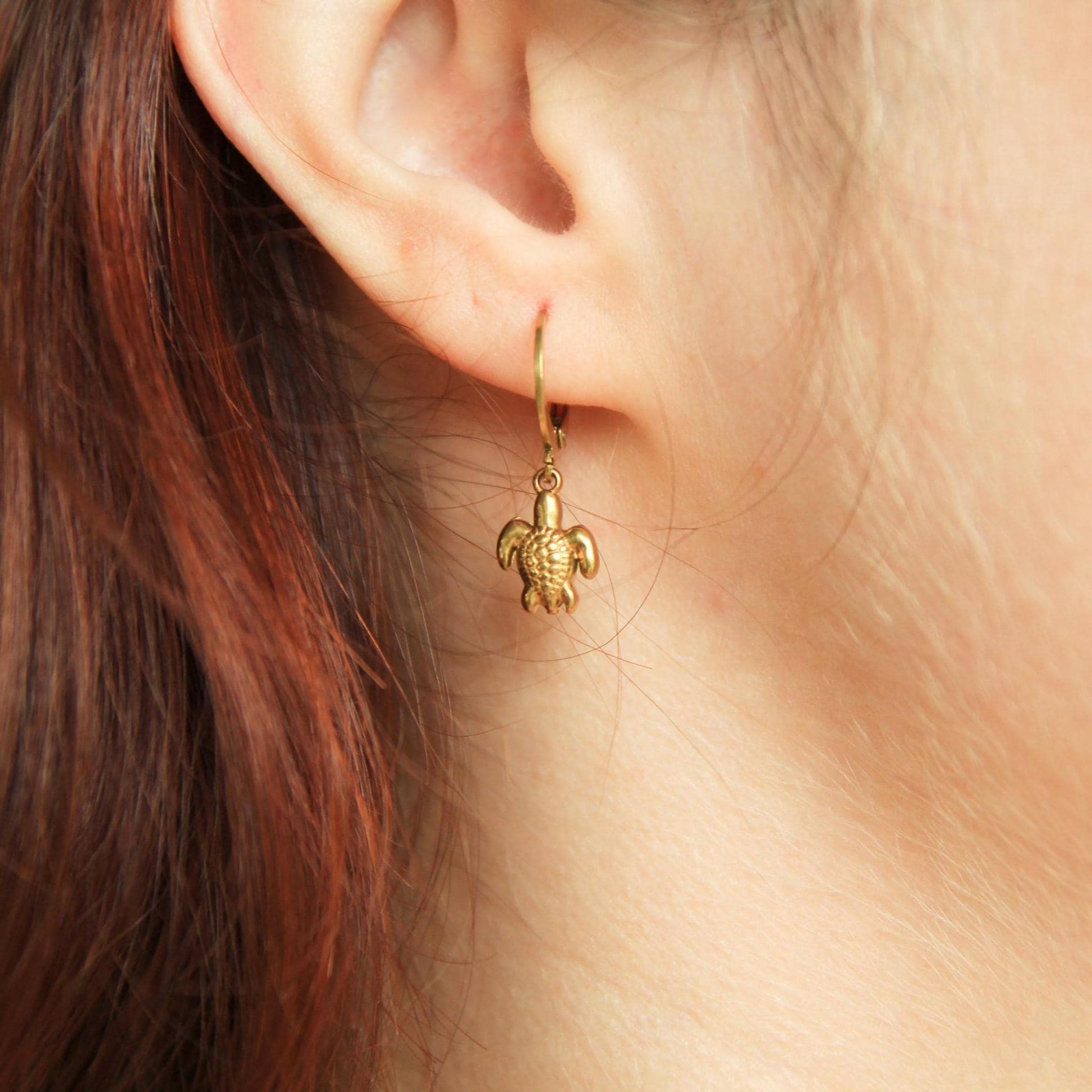 Turtle Earrings Gold • Sea Turtle Lever Back • Waterproof Stainless Steel • Hypoallergenic Hooks • Ocean Charm Earrings