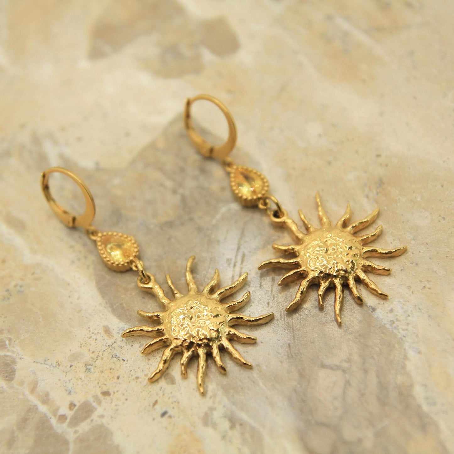 Statement Sun Earrings Gold • Crystal Accent Lever Back • Waterproof Stainless Steel • Hypoallergenic Hooks • Celestial Earrings