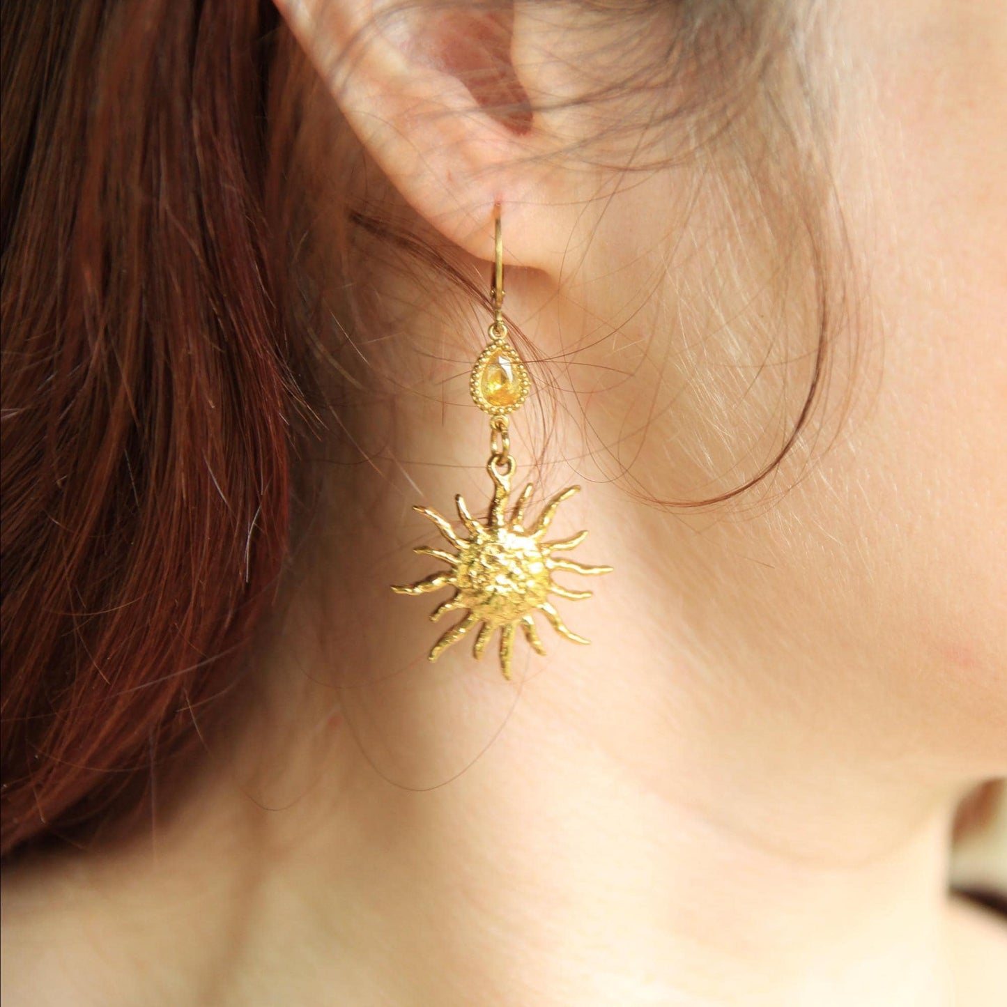 Statement Sun Earrings Gold • Crystal Accent Lever Back • Waterproof Stainless Steel • Hypoallergenic Hooks • Celestial Earrings