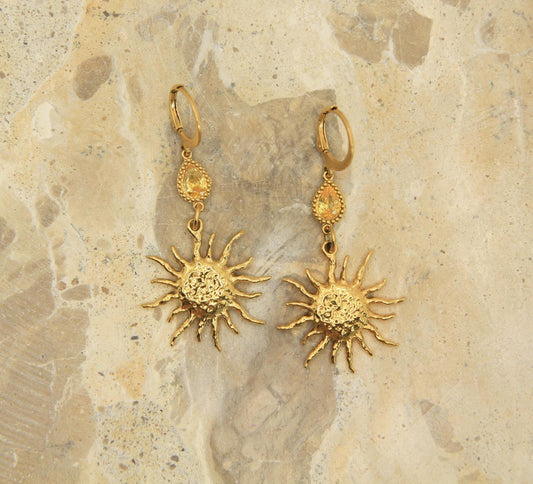 Statement Sun Earrings Gold • Crystal Accent Lever Back • Waterproof Stainless Steel • Hypoallergenic Hooks • Celestial Earrings