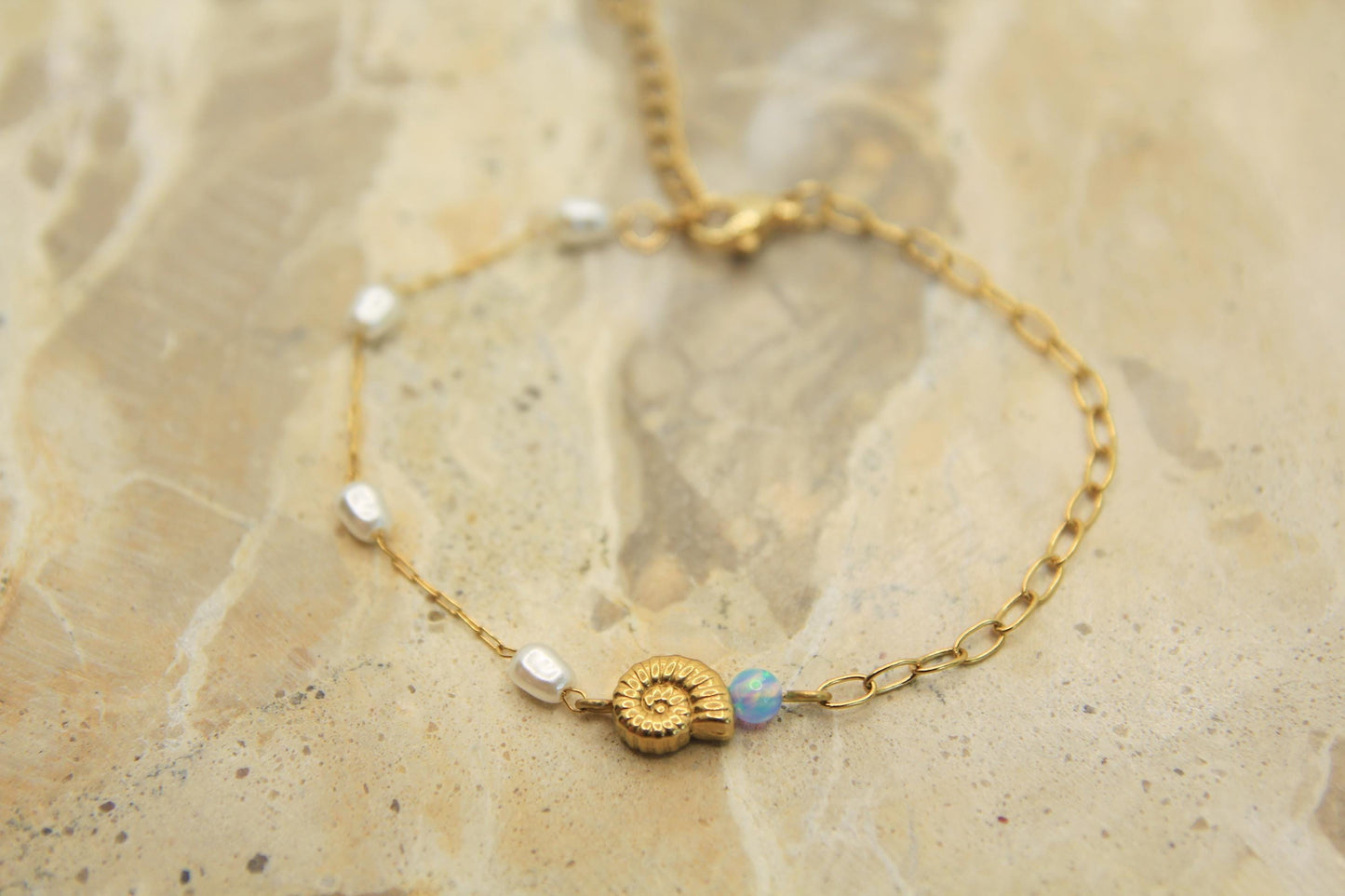 Opal Pearl Shell Bracelet Gold • Nautilus Charm • Waterproof Stainless Steel • Coastal Dainty Bracelet