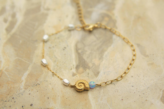 Opal Pearl Shell Bracelet Gold • Nautilus Charm • Waterproof Stainless Steel • Coastal Dainty Bracelet