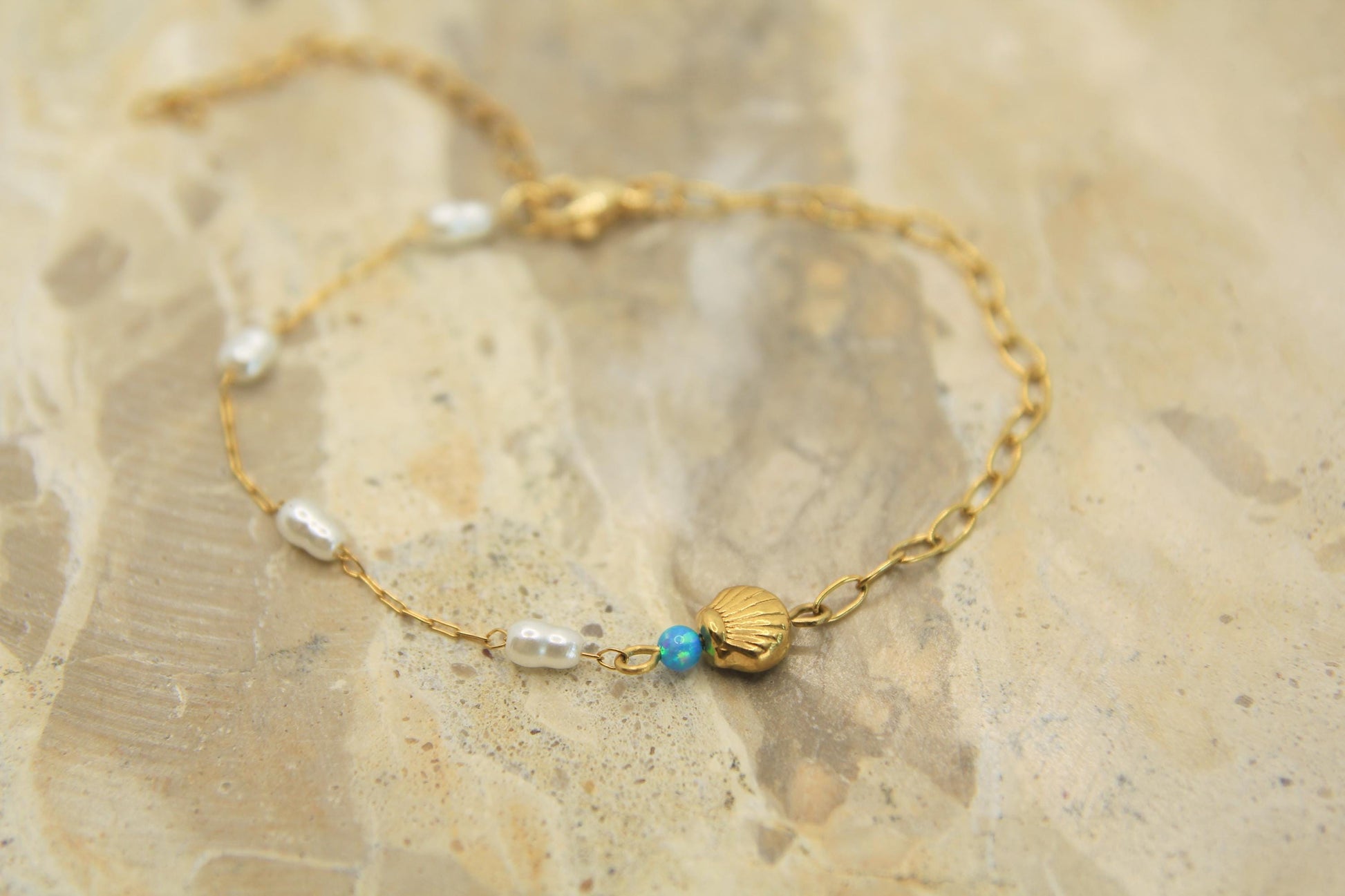 Opal Pearl Shell Bracelet Gold • Scallop Shell Charm • Waterproof Stainless Steel • Coastal Dainty Bracelet