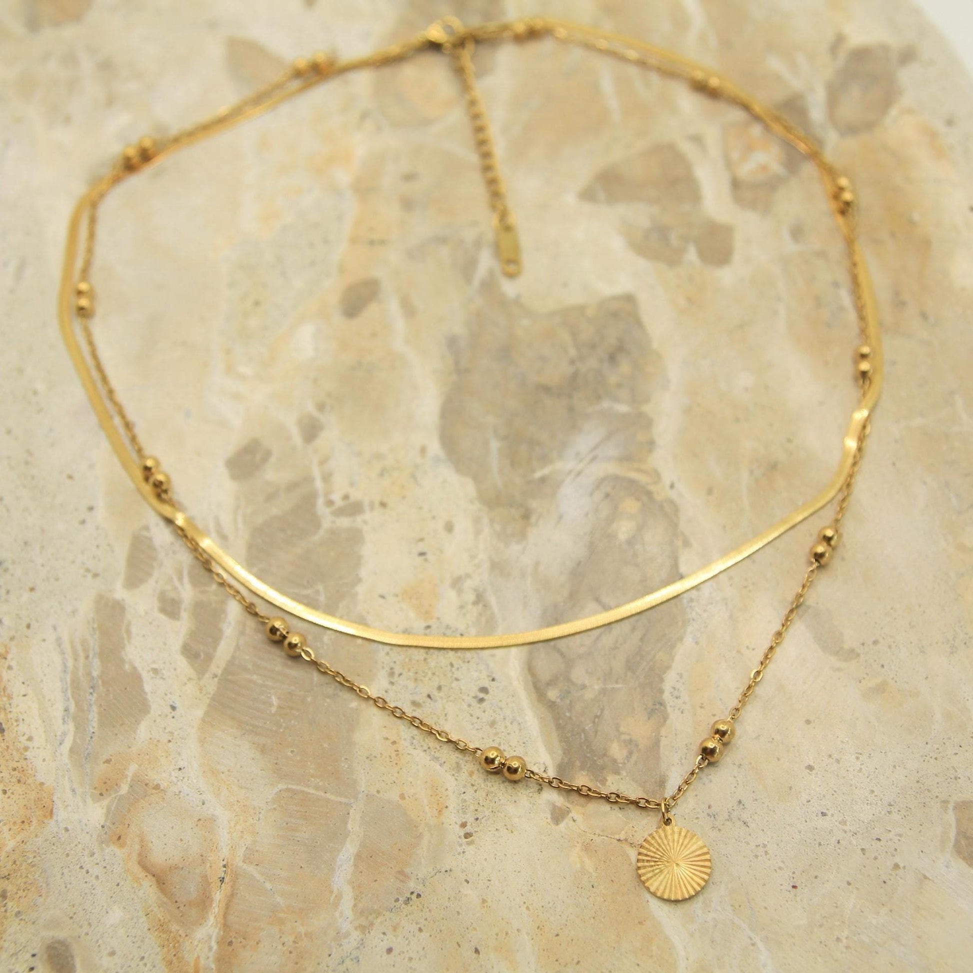 Layered Gold Necklace • Snake Chain, Satellite Chain, Sunburst Pendant • Waterproof Stainless Steel