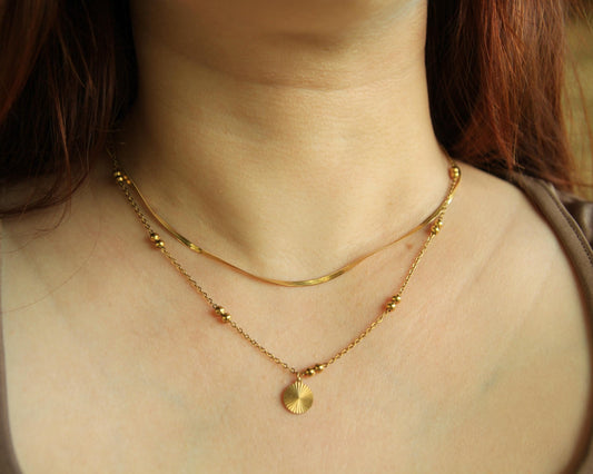 Layered Gold Necklace • Snake Chain, Satellite Chain, Sunburst Pendant • Waterproof Stainless Steel