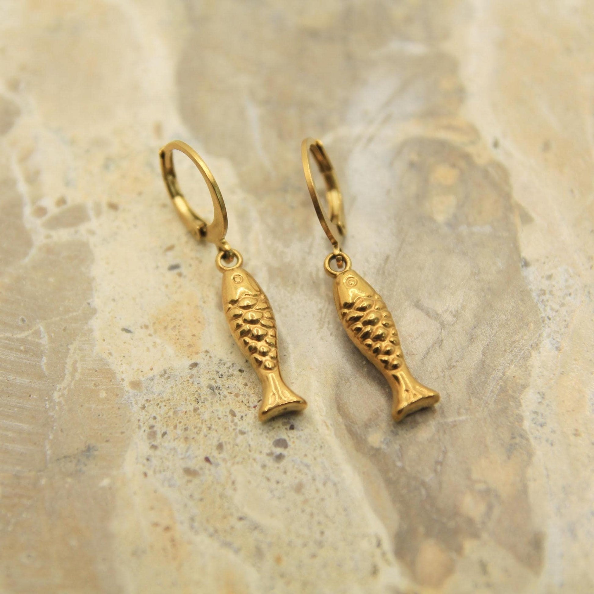 Fish Earrings Gold • Koi Lucky Fish Lever Back • Waterproof Stainless Steel • Hypoallergenic Hooks • Ocean Charm Earrings