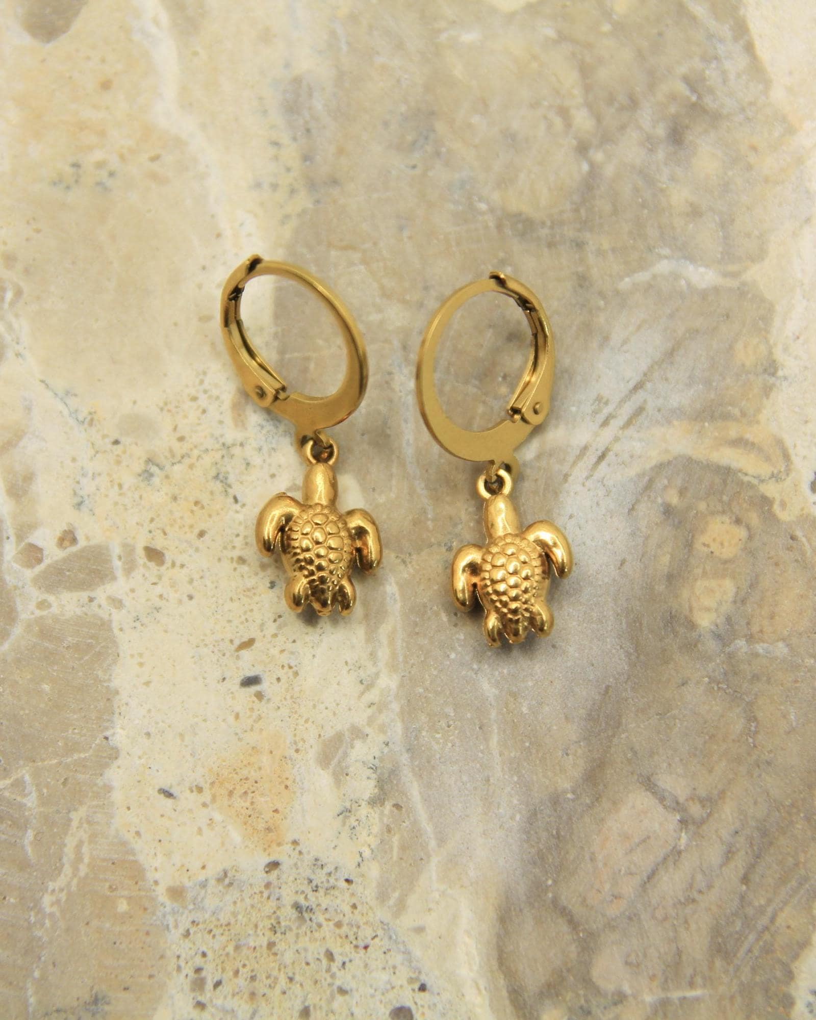 Turtle Earrings Gold • Sea Turtle Lever Back • Waterproof Stainless Steel • Hypoallergenic Hooks • Ocean Charm Earrings