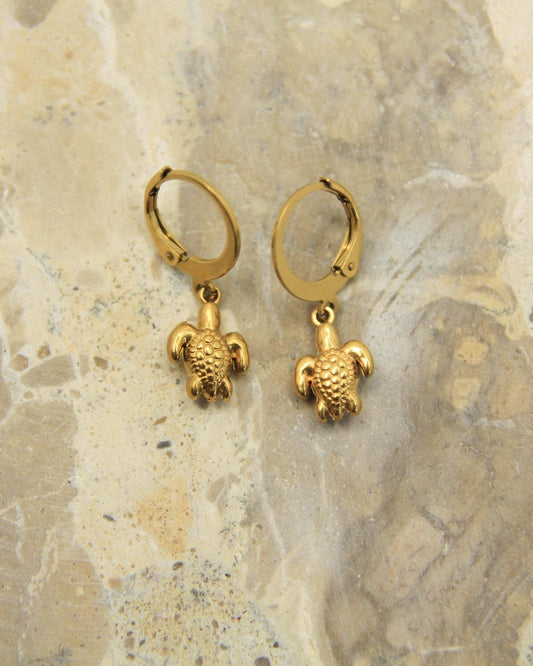 Turtle Earrings Gold • Sea Turtle Lever Back • Waterproof Stainless Steel • Hypoallergenic Hooks • Ocean Charm Earrings