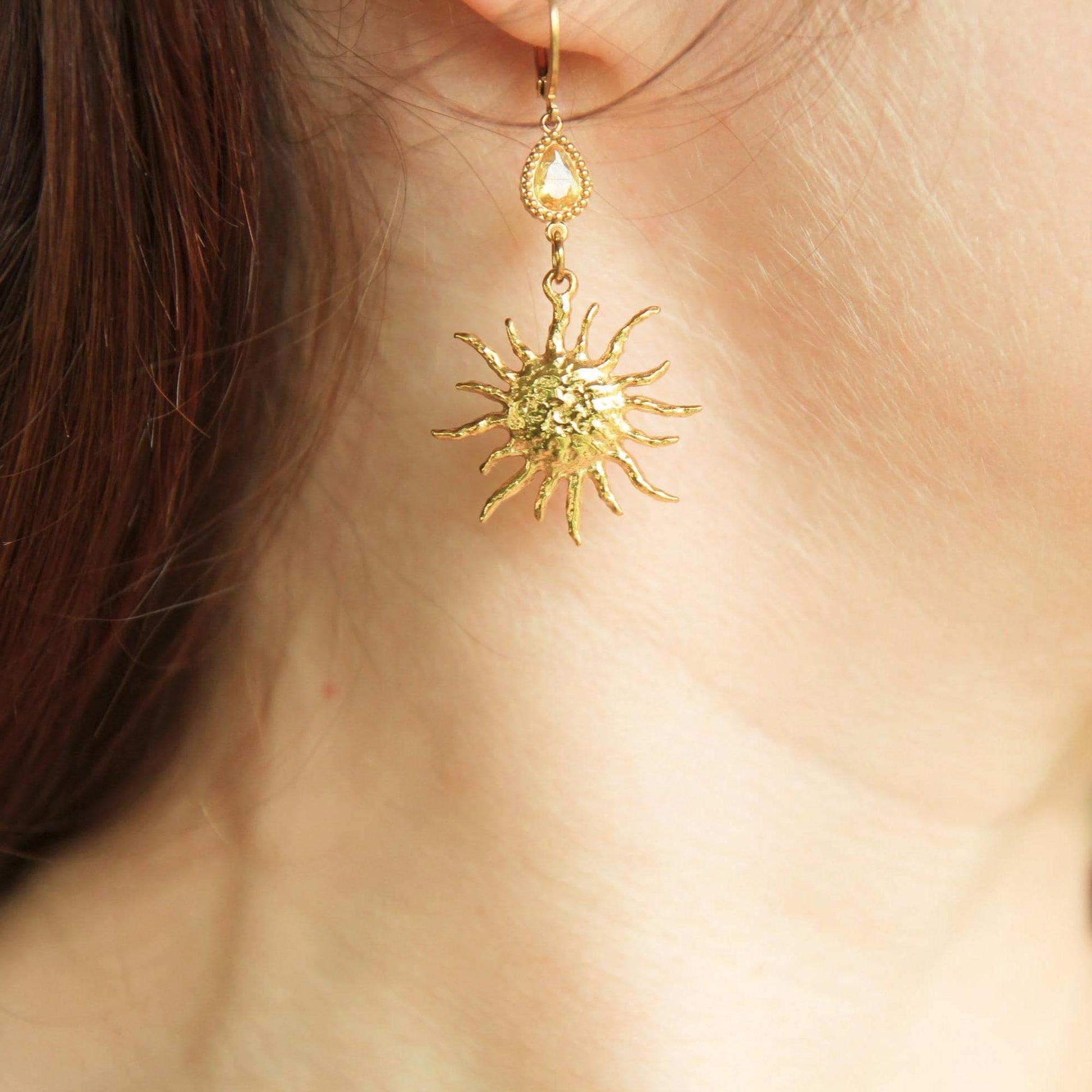 Statement Sun Earrings Gold • Crystal Accent Lever Back • Waterproof Stainless Steel • Hypoallergenic Hooks • Celestial Earrings