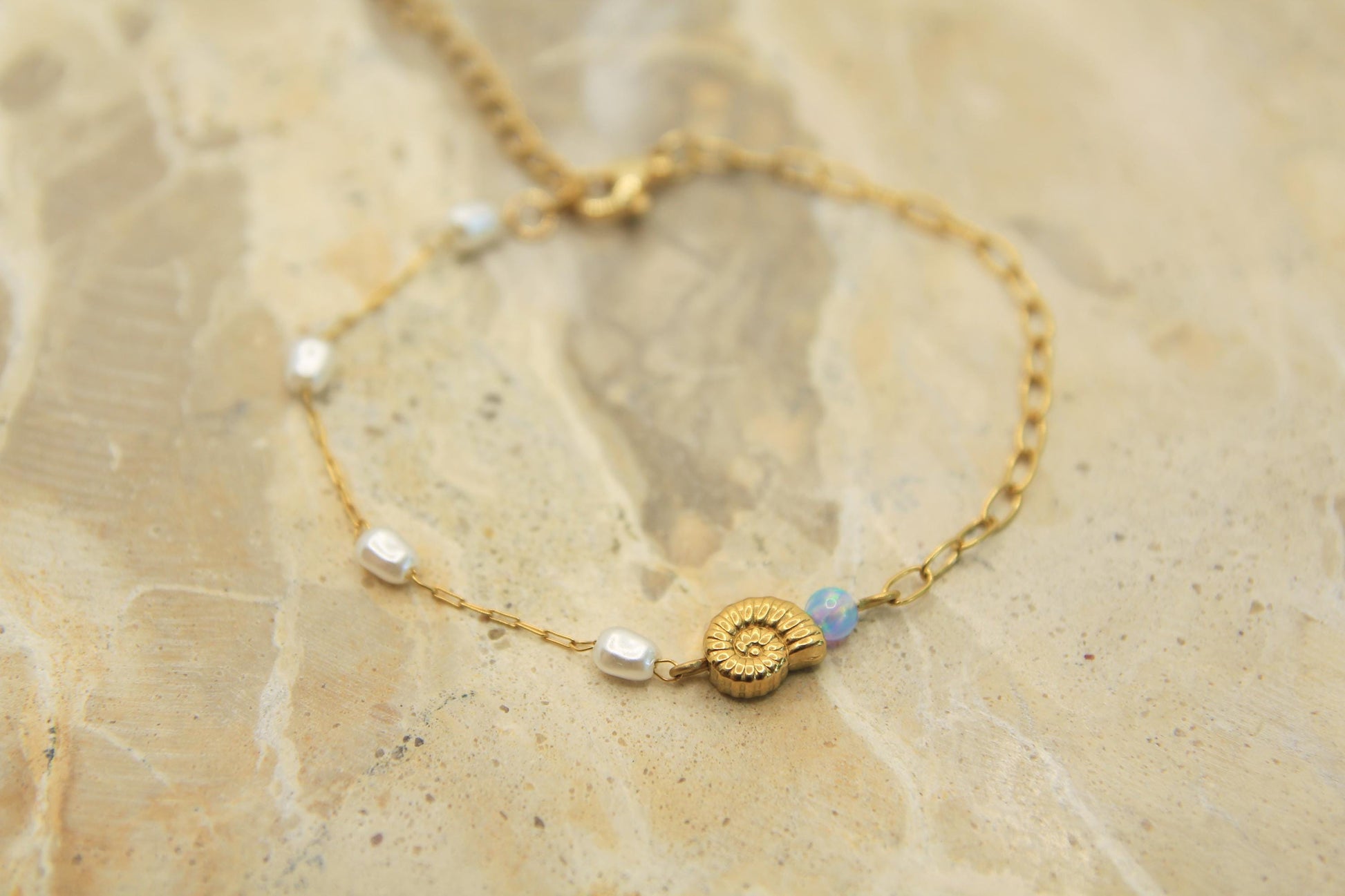 Opal Pearl Shell Bracelet Gold • Nautilus Charm • Waterproof Stainless Steel • Coastal Dainty Bracelet