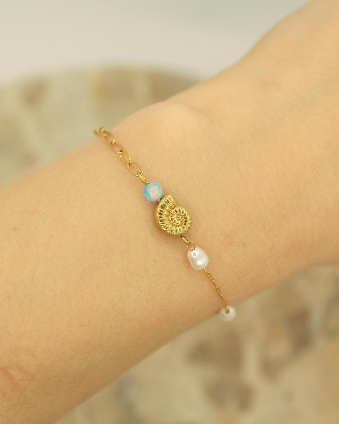 Opal Pearl Shell Bracelet Gold • Nautilus Charm • Waterproof Stainless Steel • Coastal Dainty Bracelet
