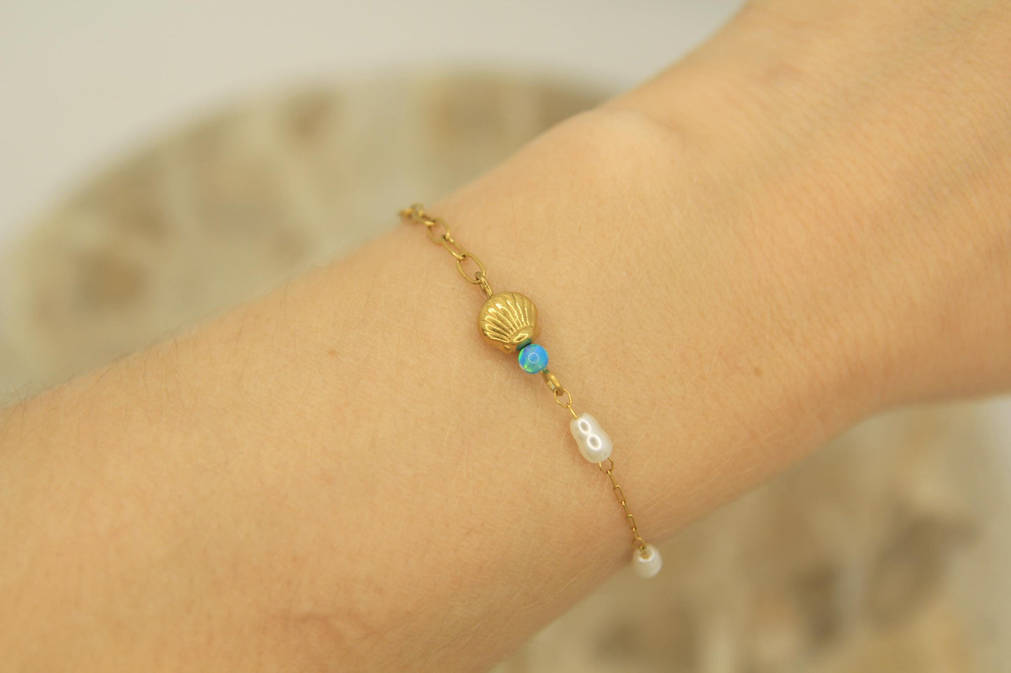 Opal Pearl Shell Bracelet Gold • Scallop Shell Charm • Waterproof Stainless Steel • Coastal Dainty Bracelet