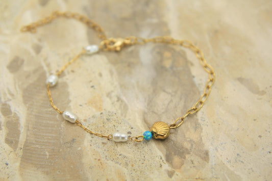 Opal Pearl Shell Bracelet Gold • Scallop Shell Charm • Waterproof Stainless Steel • Coastal Dainty Bracelet