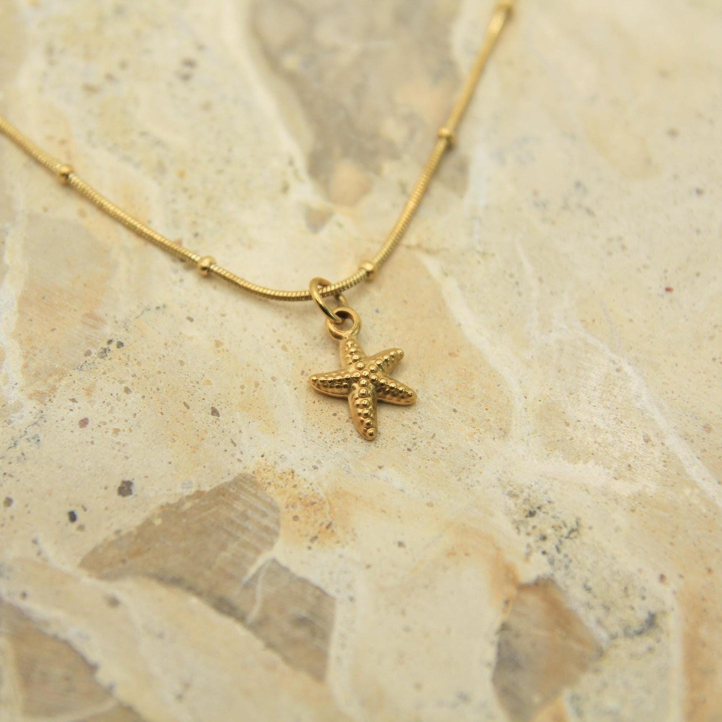 Gold Starfish Necklace • Textured Charm, Satellite Chain, Waterproof Stainless Steel