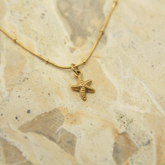 Gold Starfish Necklace • Textured Charm, Satellite Chain, Waterproof Stainless Steel