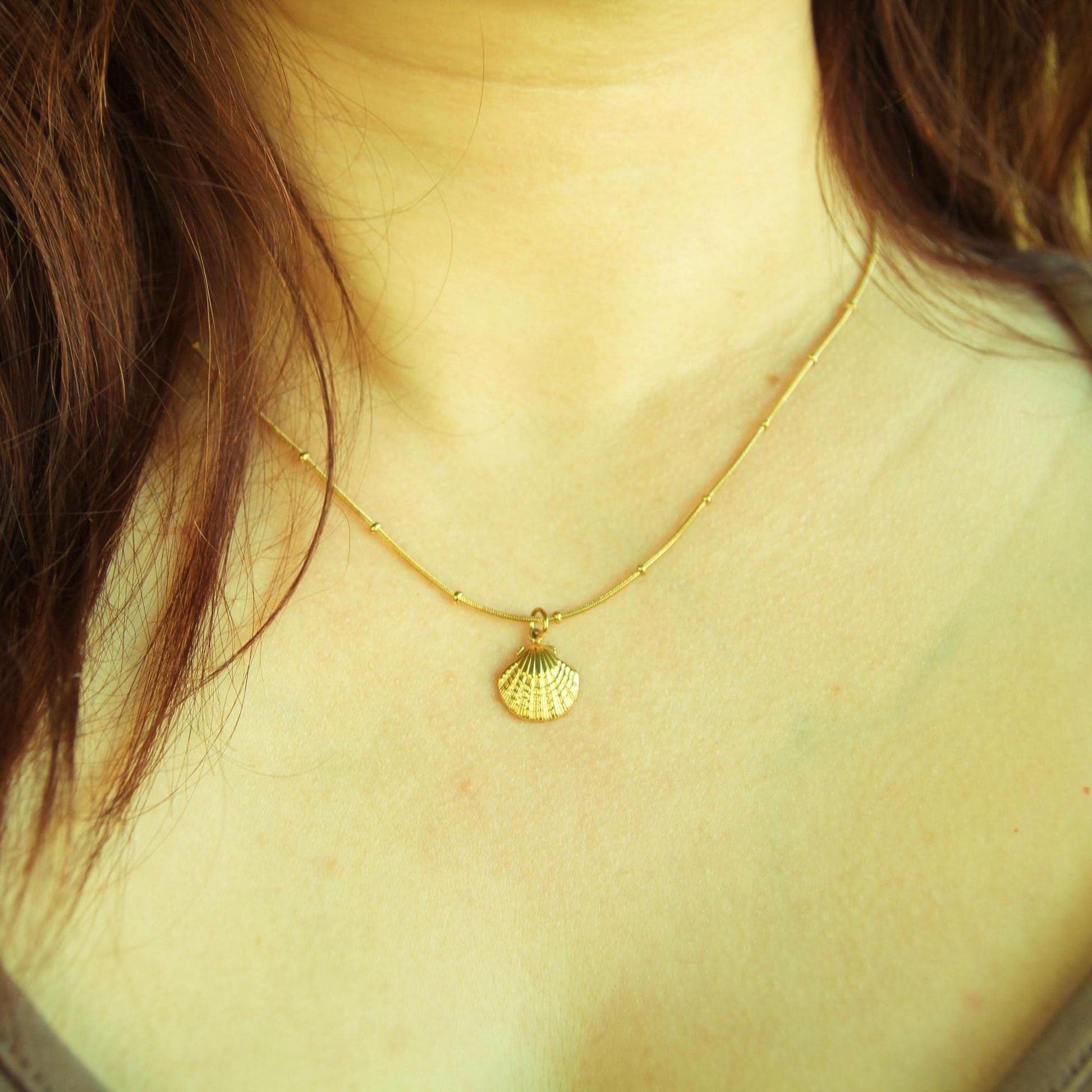 Gold Scallop Shell Necklace • Textured Charm, Waterproof Satellite Chain, Coastal Style
