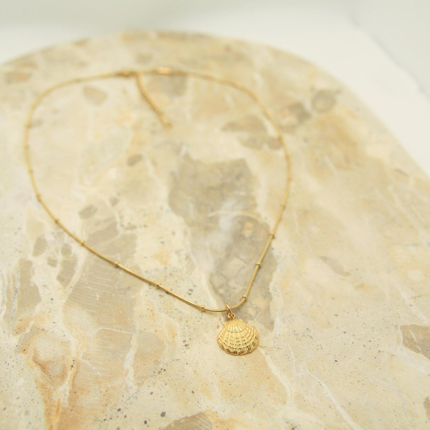 Gold Scallop Shell Necklace • Textured Charm, Waterproof Satellite Chain, Coastal Style