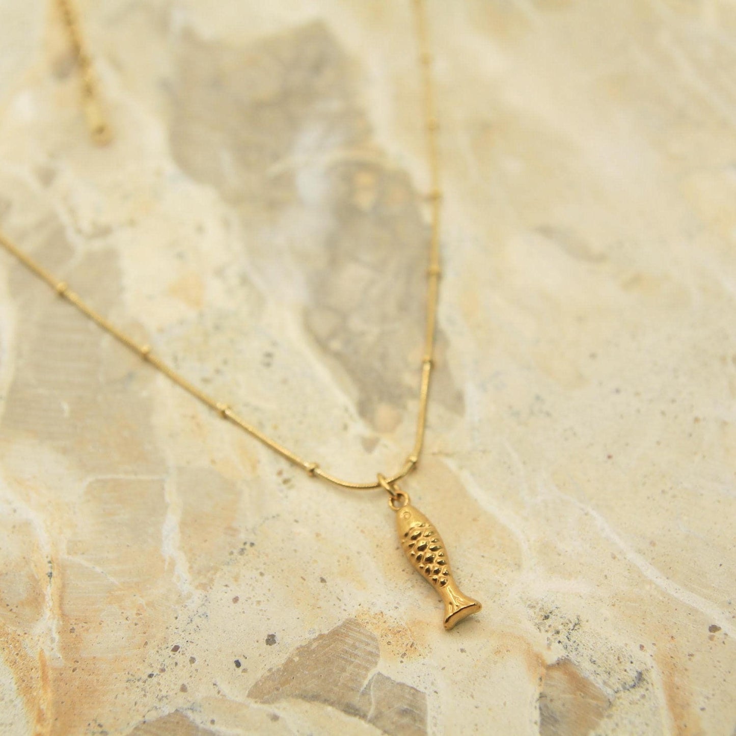 Fish Necklace Gold • Satellite Chain • Waterproof Stainless Steel • Dainty Coastal Necklace • Lucky Fish Charm Necklace