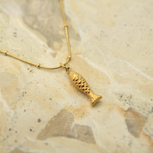 Fish Necklace Gold • Satellite Chain • Waterproof Stainless Steel • Dainty Coastal Necklace • Lucky Fish Charm Necklace
