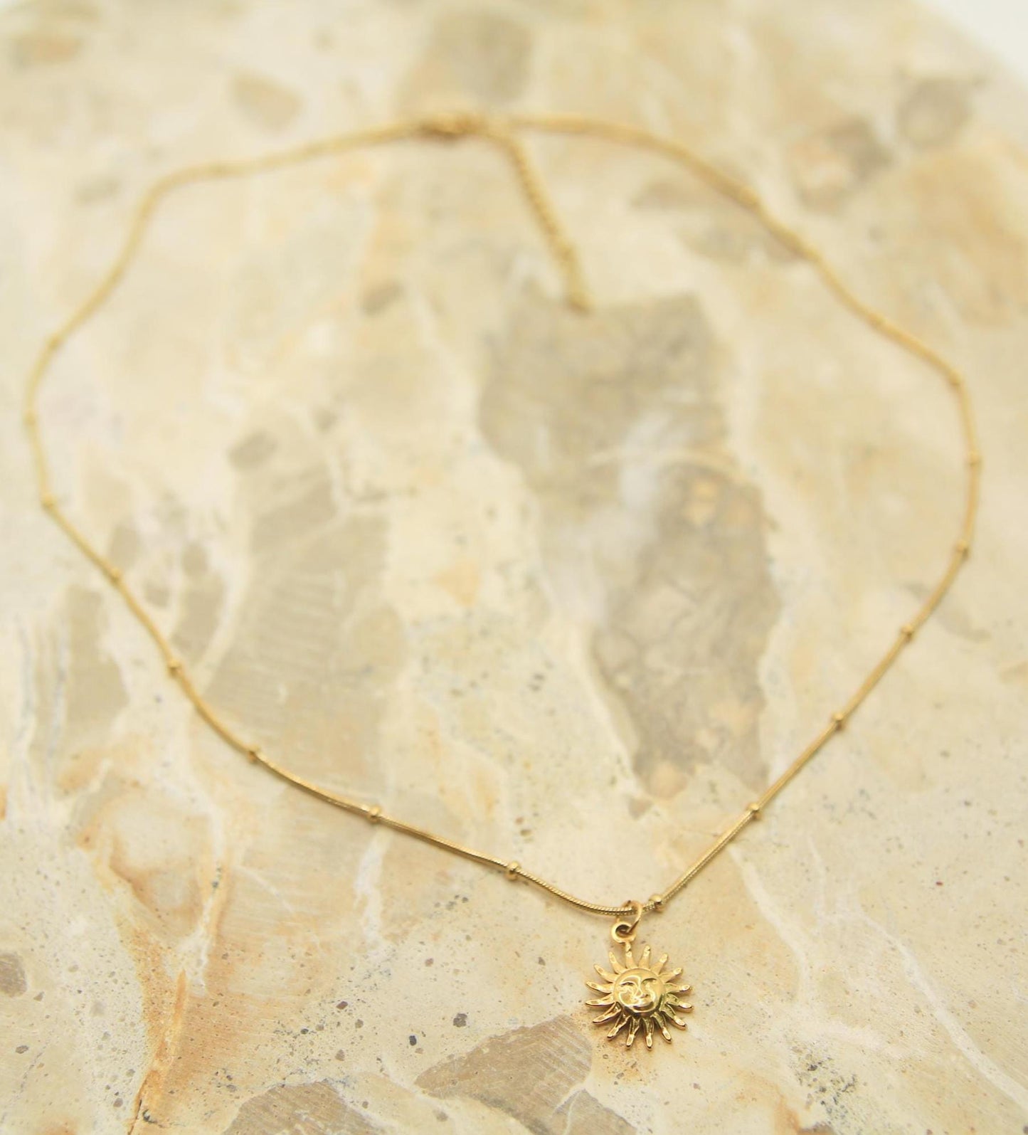 Sun Face Necklace Gold • Satellite Chain • Waterproof Stainless Steel • Dainty Celestial Necklace • Sun Charm Necklace