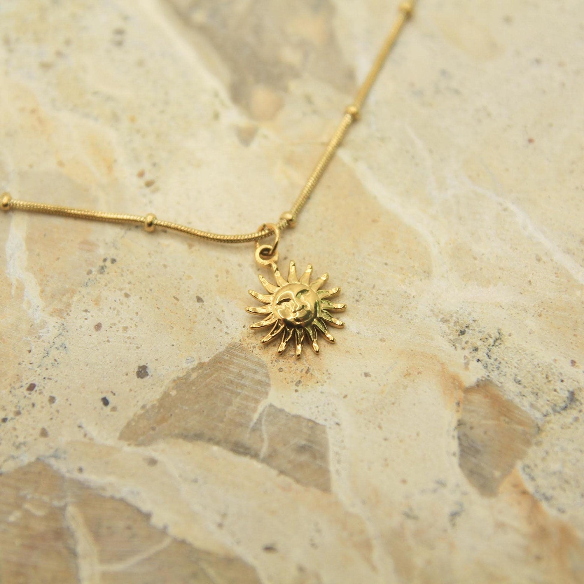 Sun Face Necklace Gold • Satellite Chain • Waterproof Stainless Steel • Dainty Celestial Necklace • Sun Charm Necklace