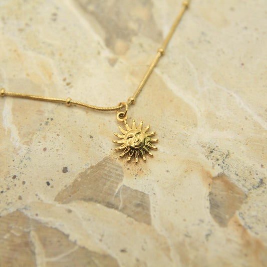 Sun Face Necklace Gold • Satellite Chain • Waterproof Stainless Steel • Dainty Celestial Necklace • Sun Charm Necklace