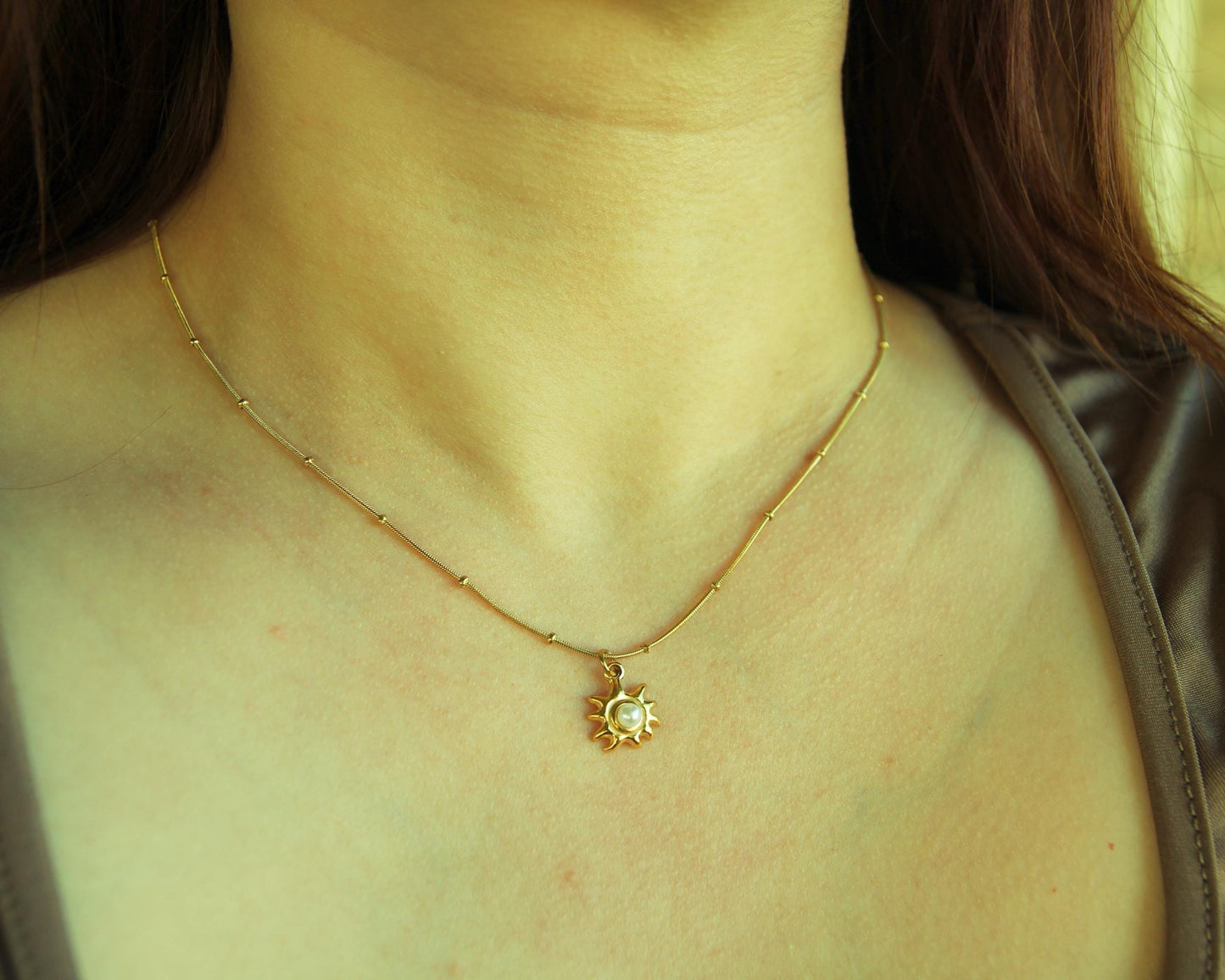 Pearl Sun Necklace Gold • Satellite Chain • Stainless Steel • Dainty Celestial Necklace • Sun Pearl Charm Necklace
