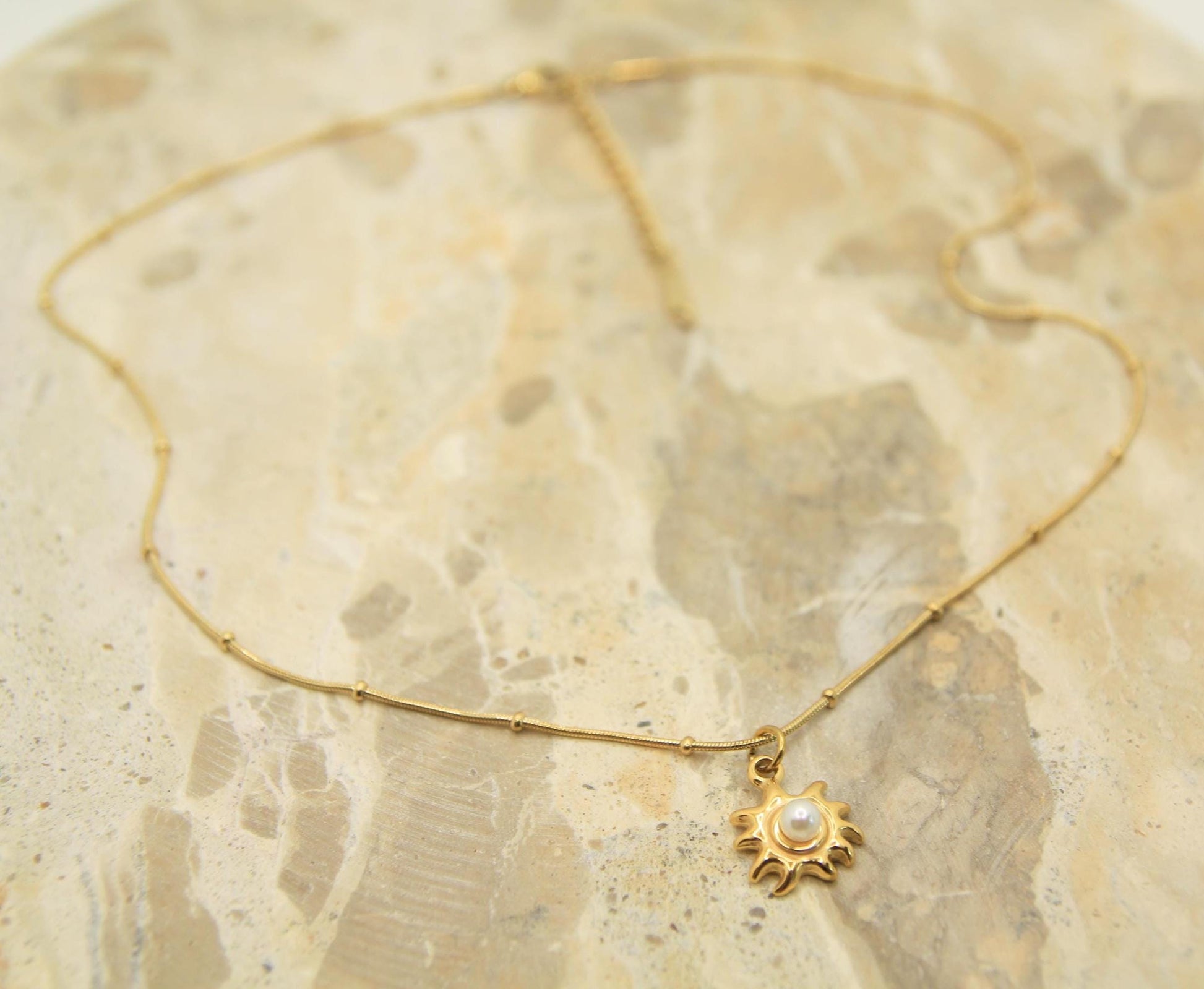Pearl Sun Necklace Gold • Satellite Chain • Stainless Steel • Dainty Celestial Necklace • Sun Pearl Charm Necklace