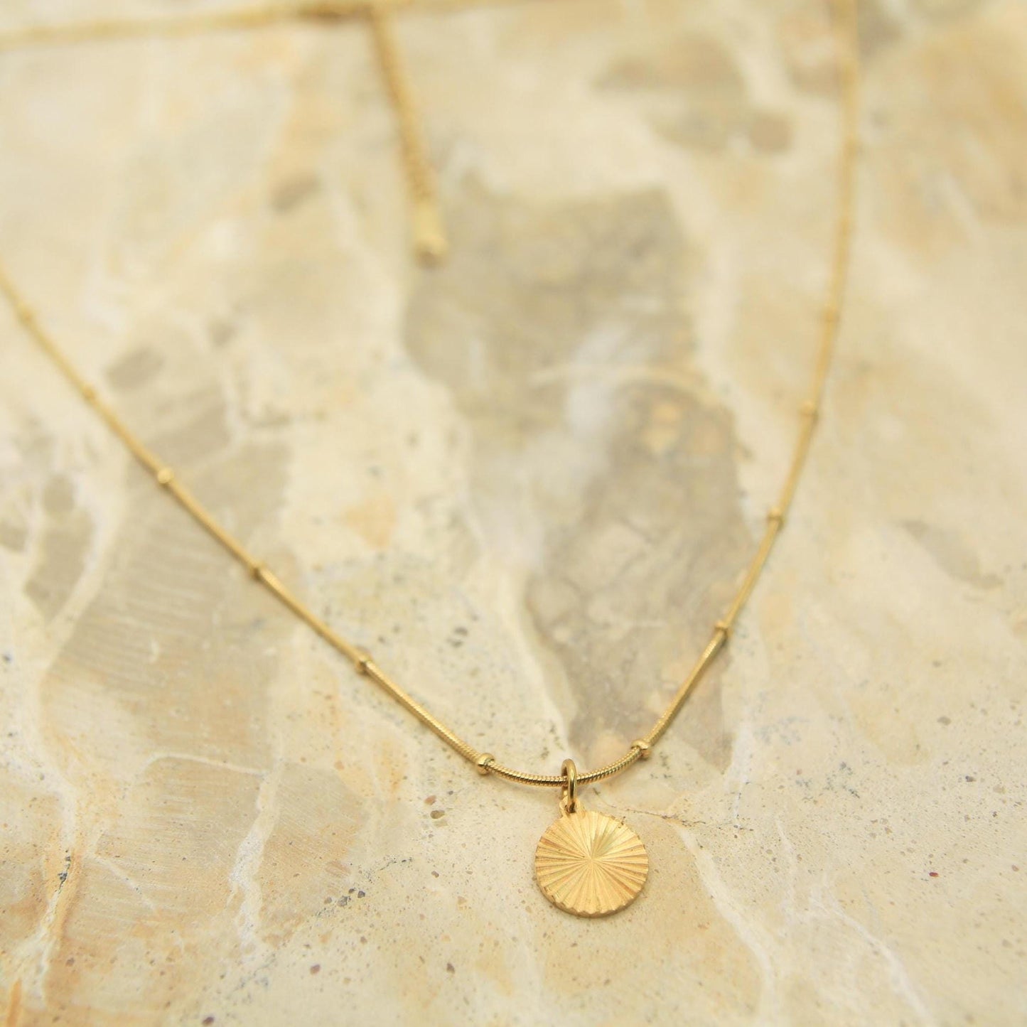 Sunburst Disc Necklace Gold • Satellite Chain • Waterproof Stainless Steel • Dainty Minimalist Necklace • Coin Pendant