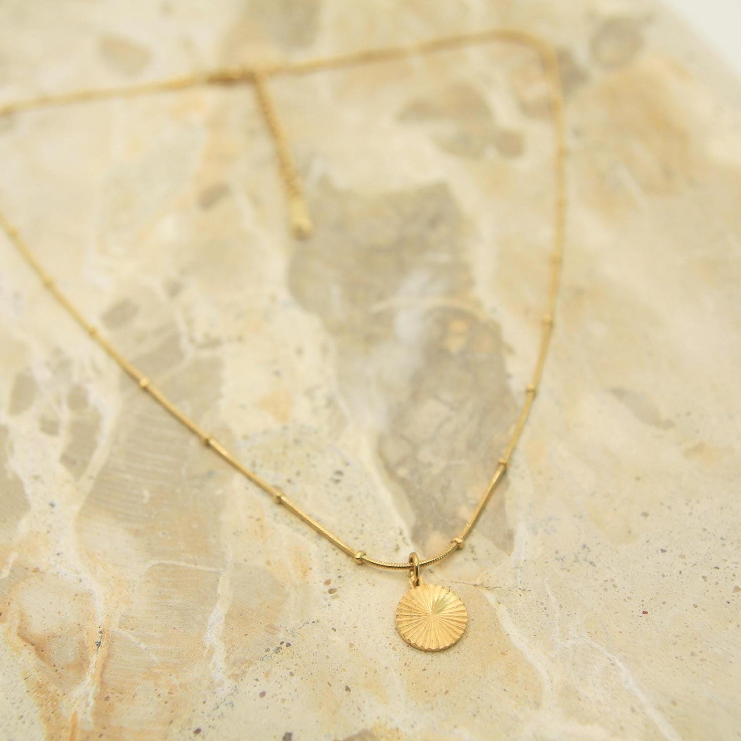 Sunburst Disc Necklace Gold • Satellite Chain • Waterproof Stainless Steel • Dainty Minimalist Necklace • Coin Pendant