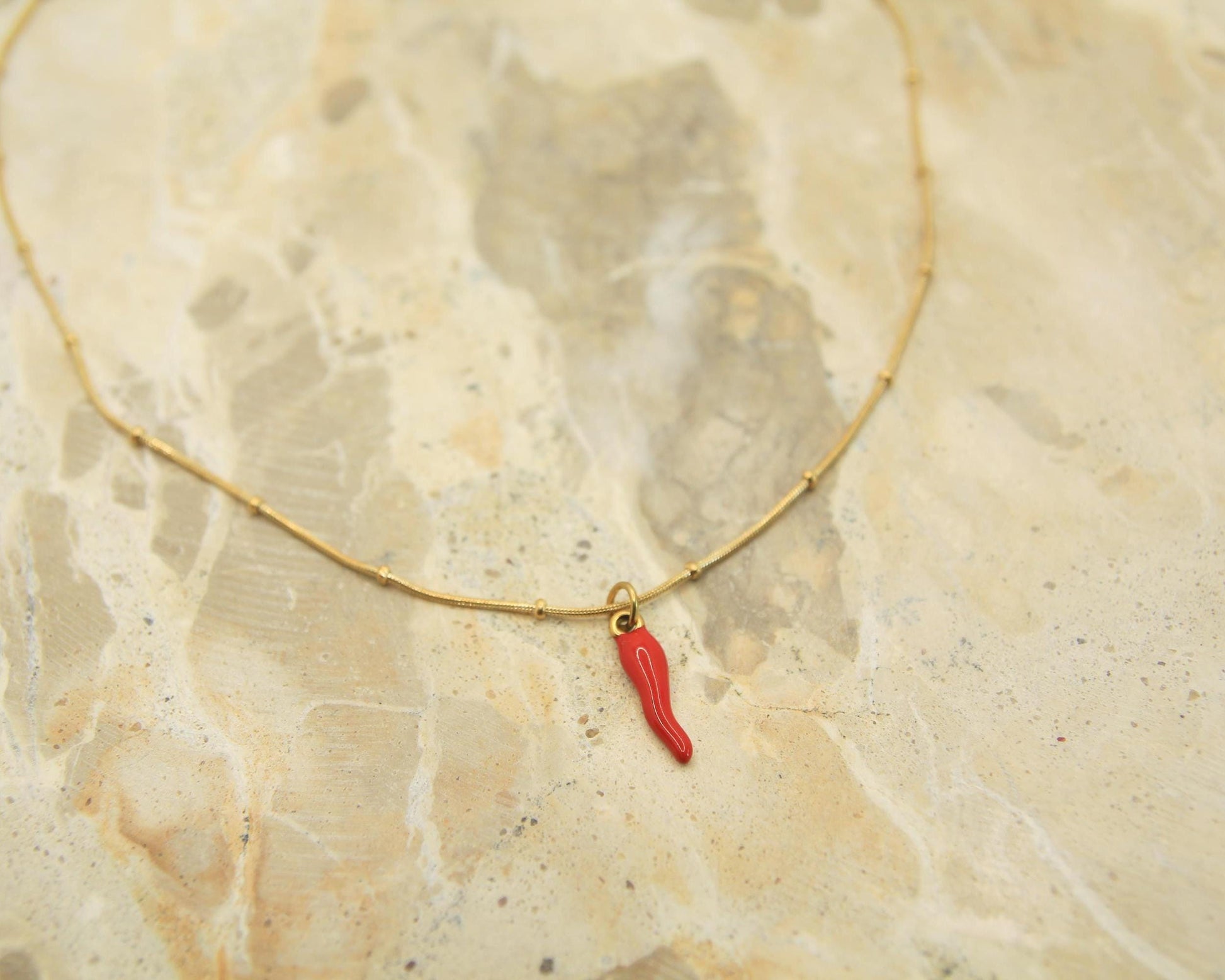Cornicello Necklace Gold • Red Enamel Italian Horn • Chilli Pendant • Satellite Chain • Waterproof Stainless Steel