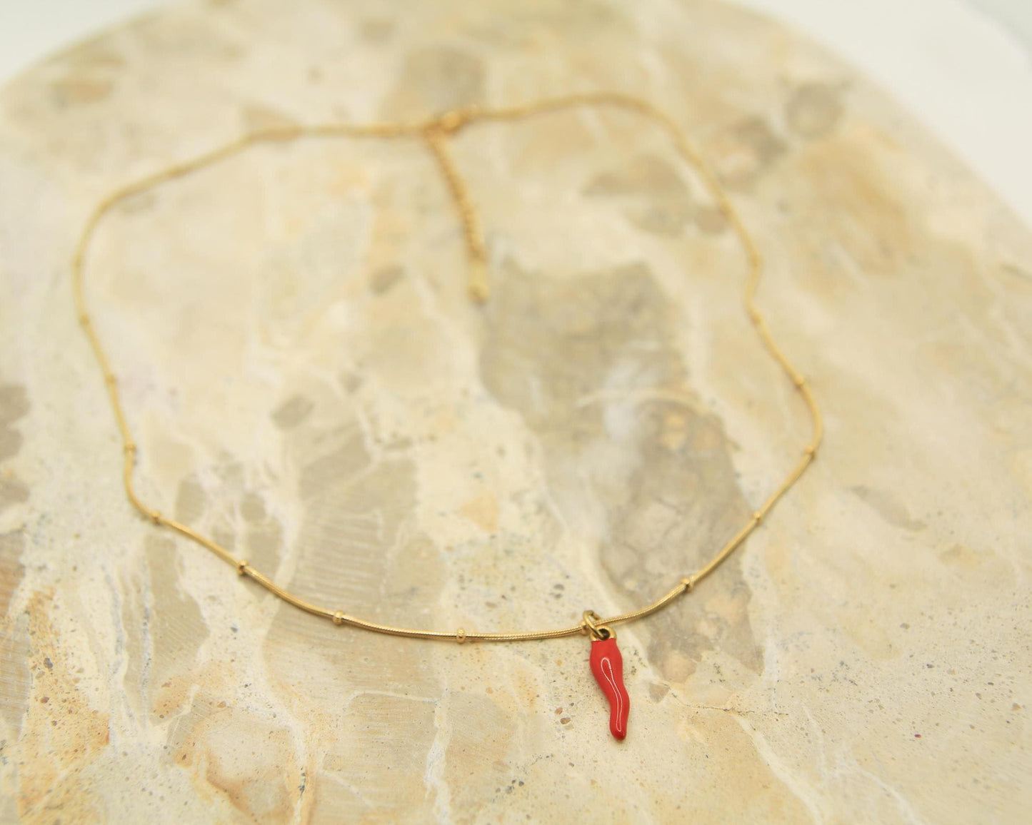 Cornicello Necklace Gold • Red Enamel Italian Horn • Chilli Pendant • Satellite Chain • Waterproof Stainless Steel