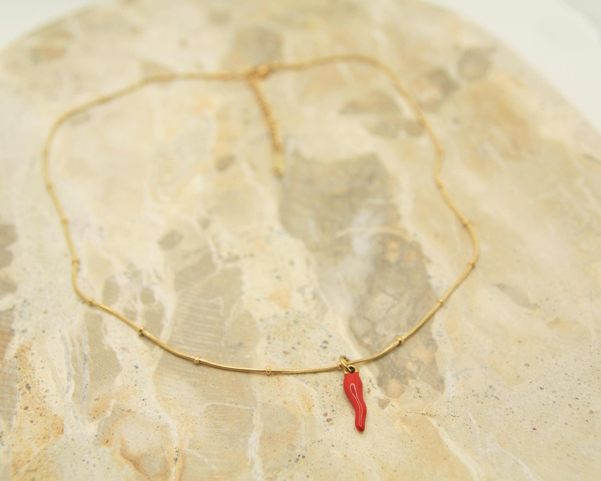 Cornicello Necklace Gold • Red Enamel Italian Horn • Chilli Pendant • Satellite Chain • Waterproof Stainless Steel